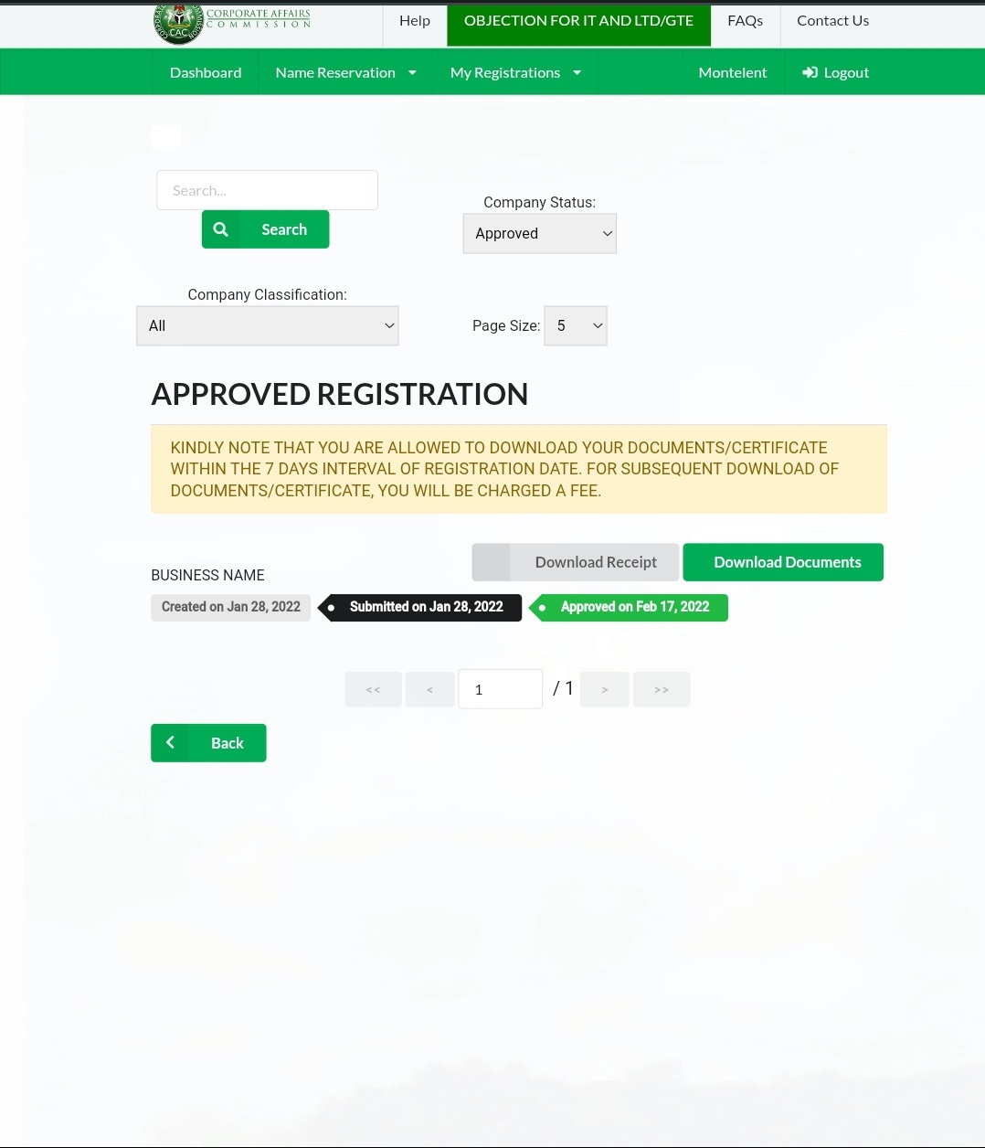 How to Register Business Name on CAC CAC Business Name Approval Screen