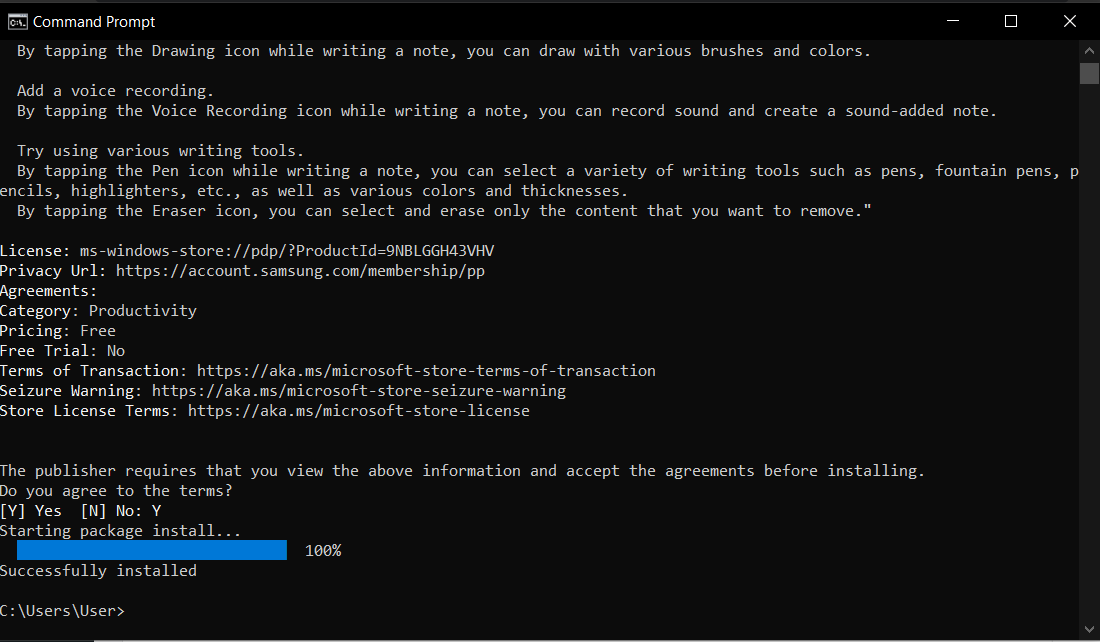 Wait to finish winget install "Samsung Notes"