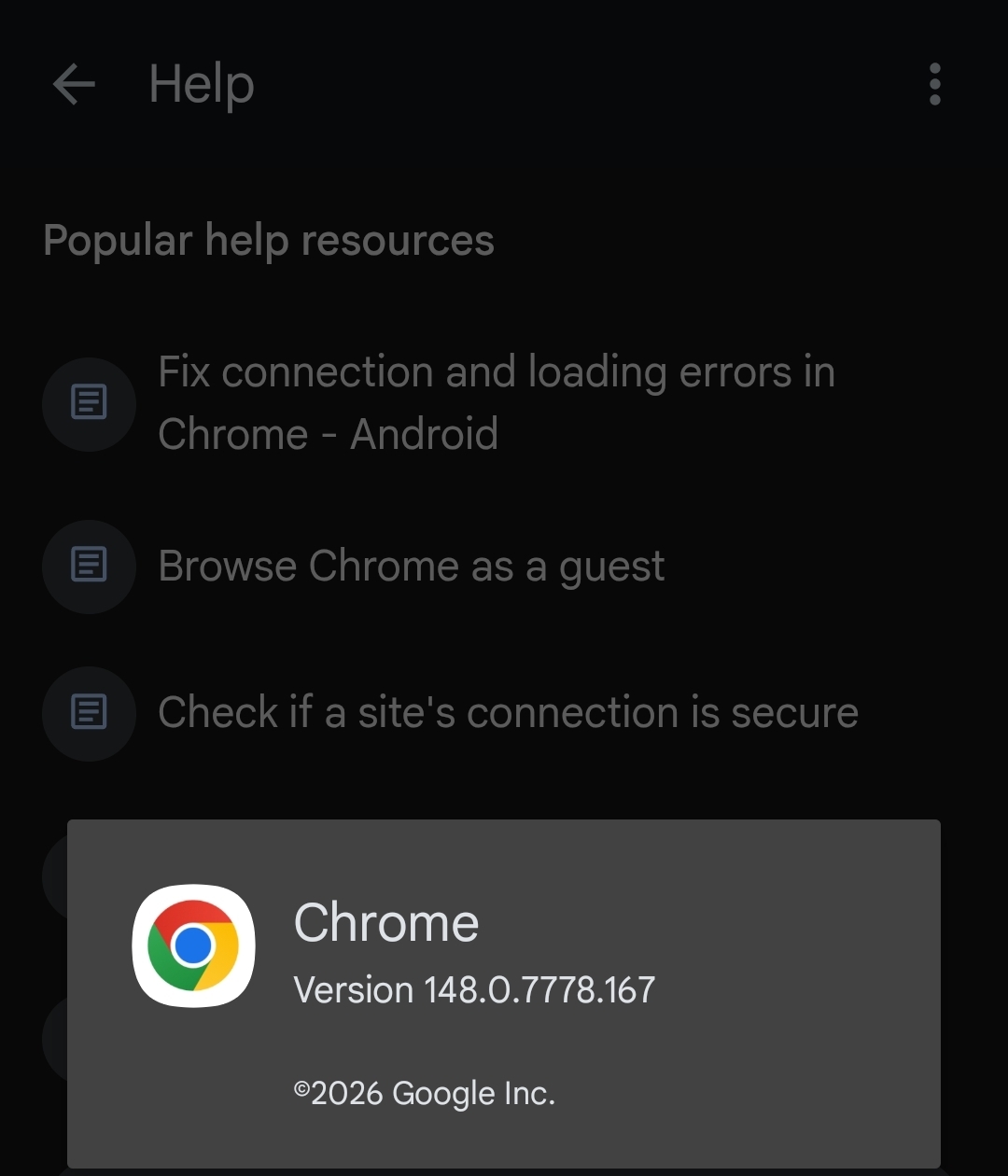 Chrome About page showing version number and updat Chrome settings help page showing browser version and update check for websites not opening fix