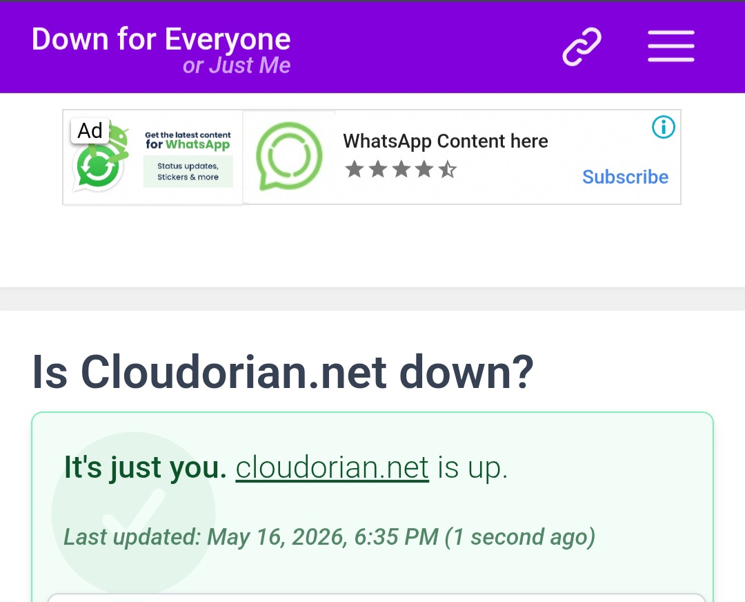 downforeveryoneorjustme.com showing a site status website status checker showing if a site is down for everyone or just you
