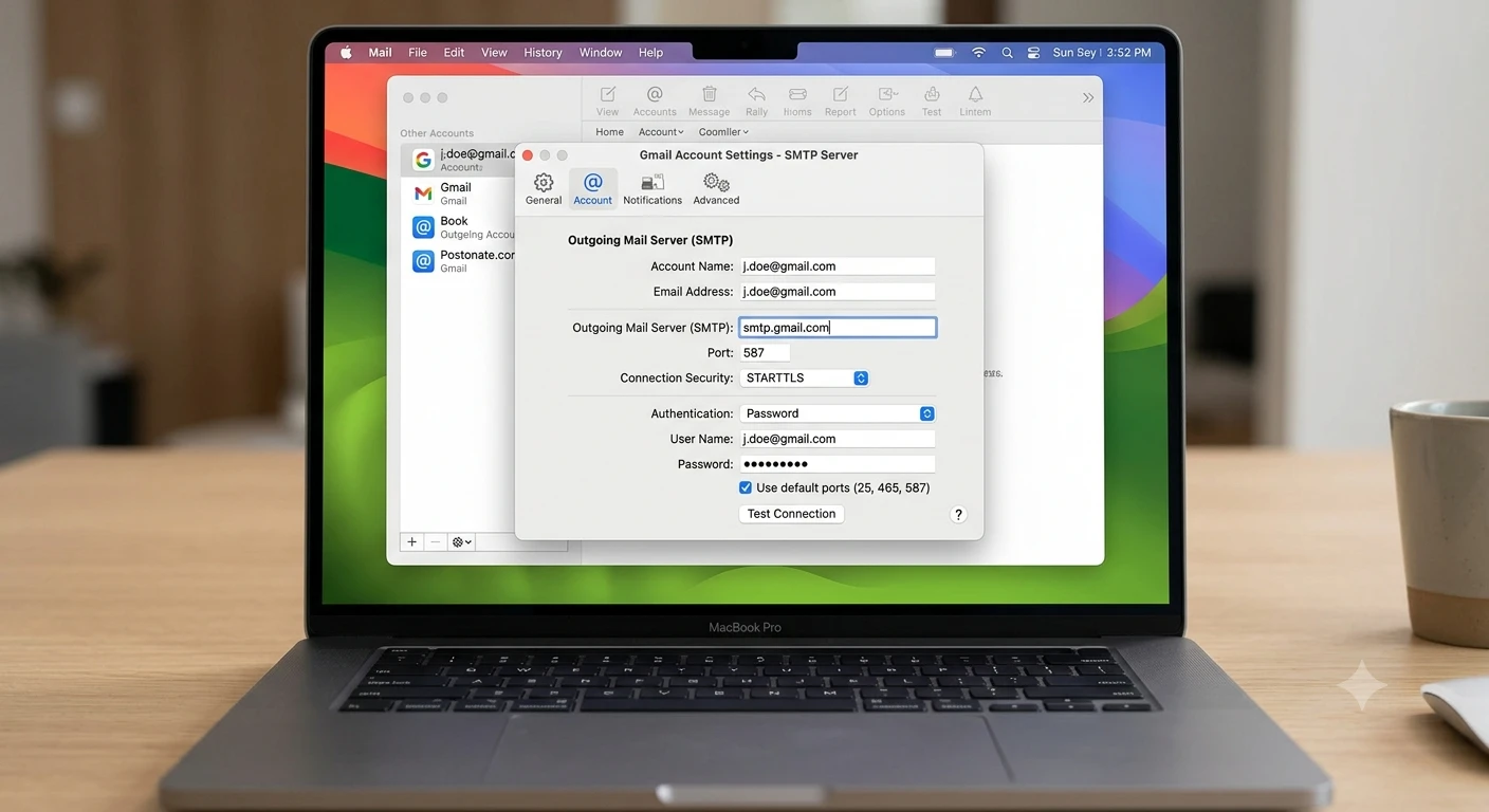 Apple Mail SMTP server settings showing smtp.gmail.com port 587 STARTTLS configuration for Gmail