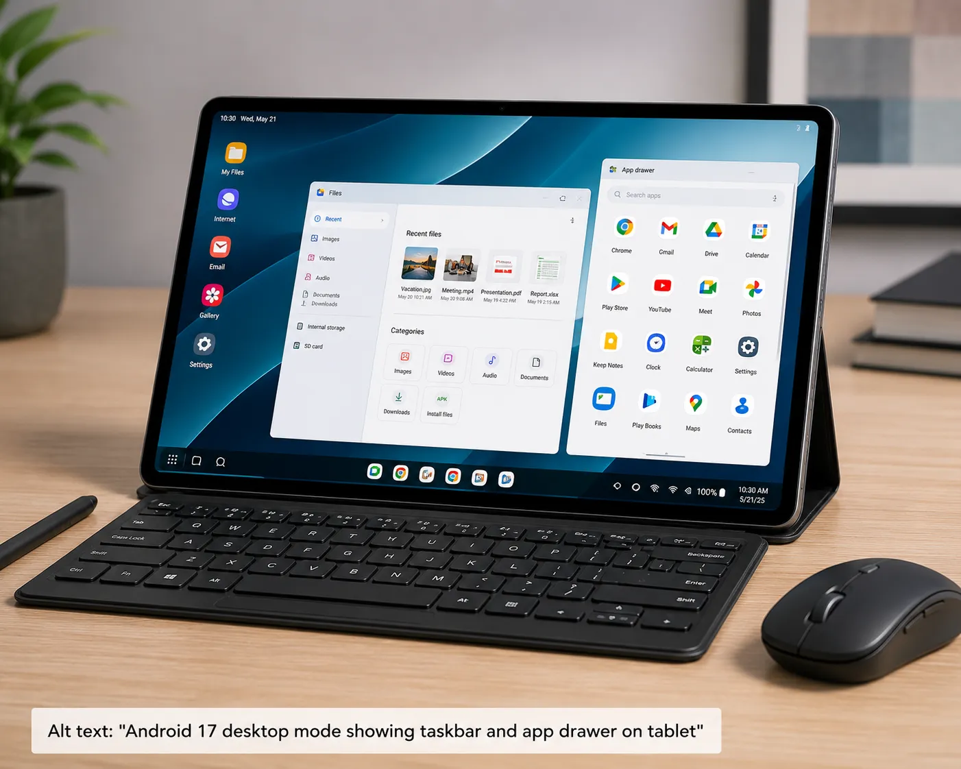 Android 17 desktop mode showing taskbar and app drawer on tablet