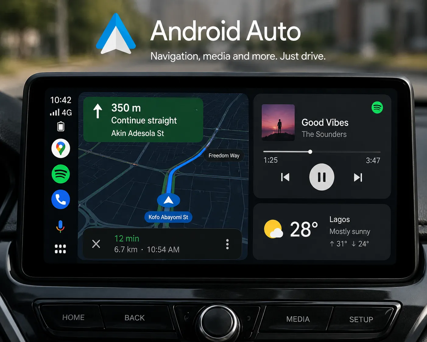 Android Auto showing navigation and media controls on car screen