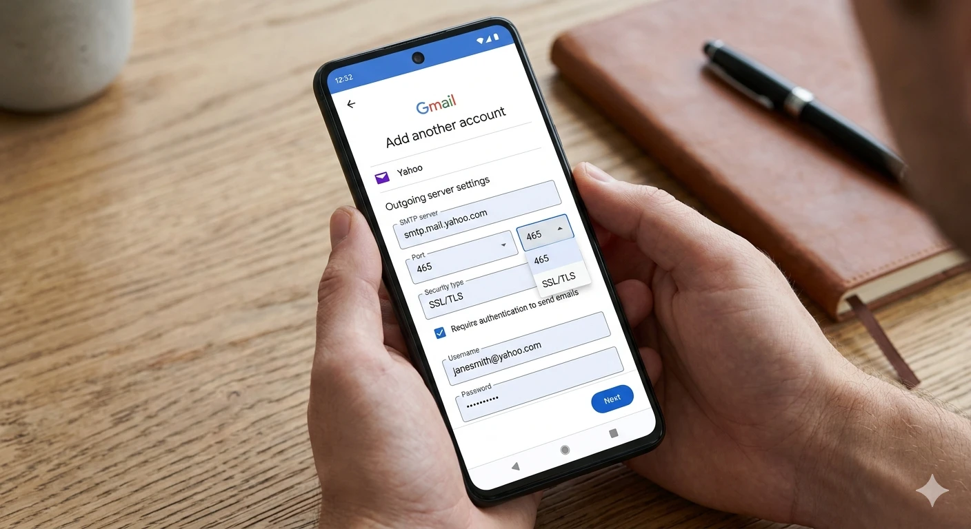 Android Gmail app Add another account screen for Yahoo Mail SMTP configuration on Android phone