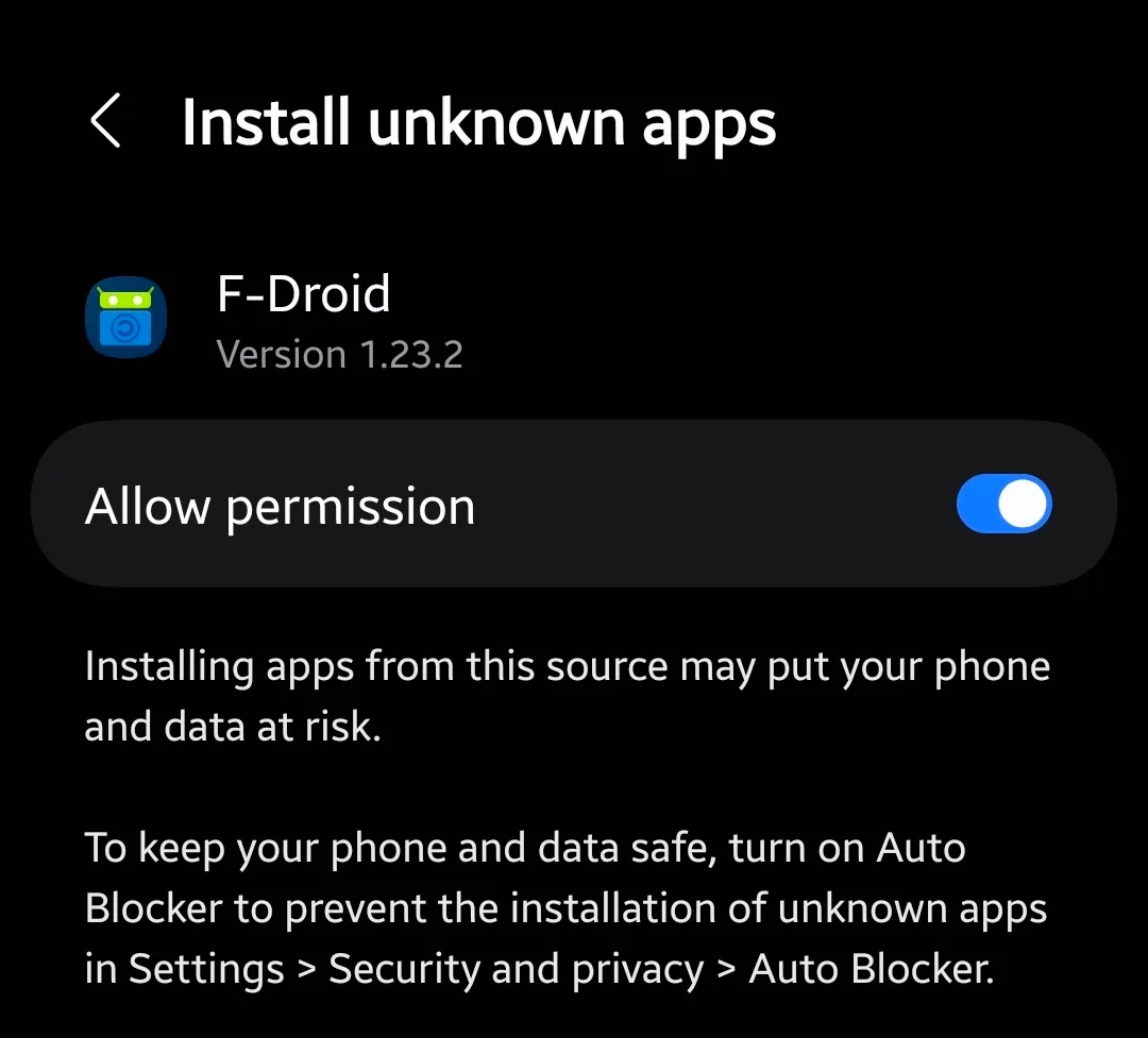Android Settings screen showing Install unknown apps toggle enabled for browser before Termux installation