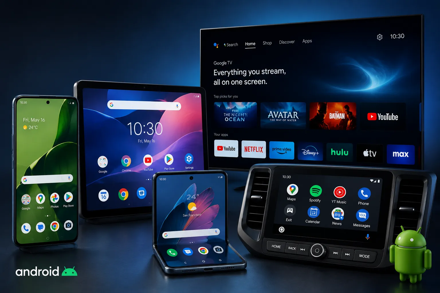 Android devices phone tablet foldable car TV arranged together
