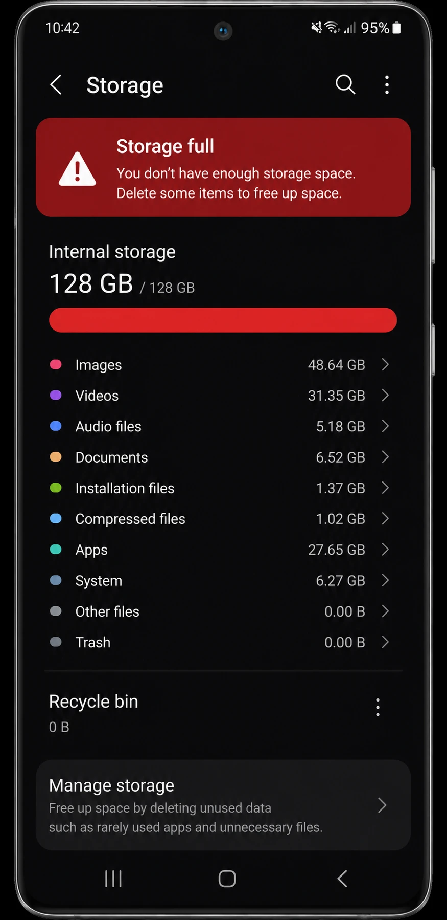 Android storage full warning screen