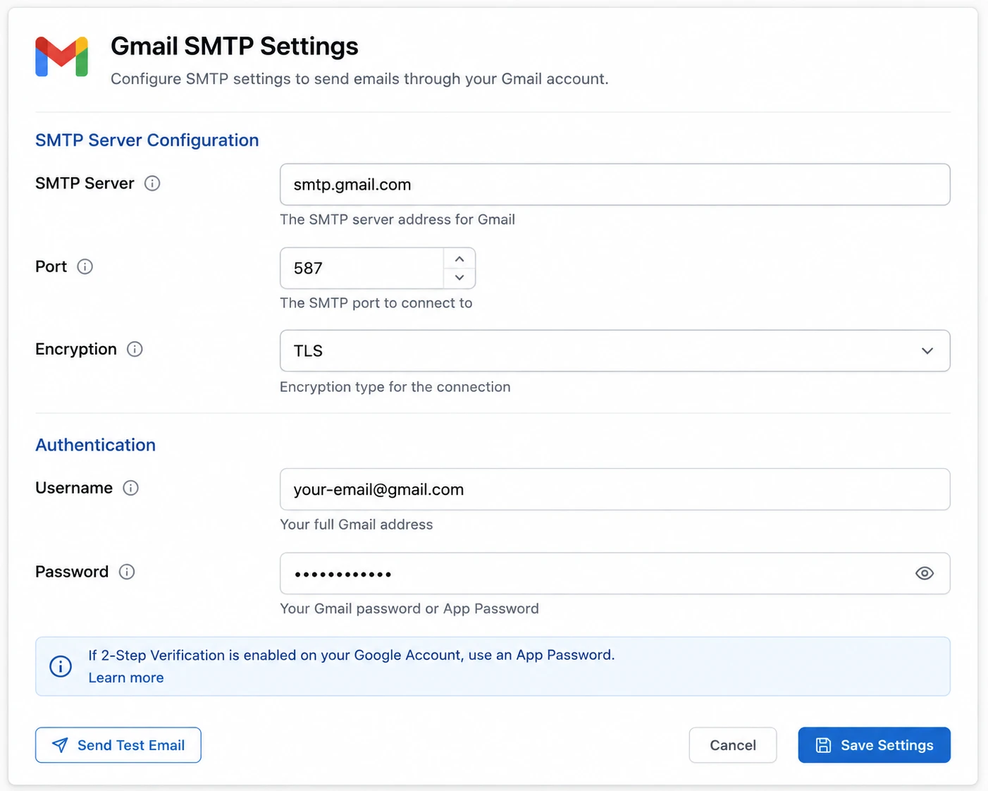 Gmail SMTP settings panel with smtp.gmail.com server address port 587 and TLS encryption fields filled in