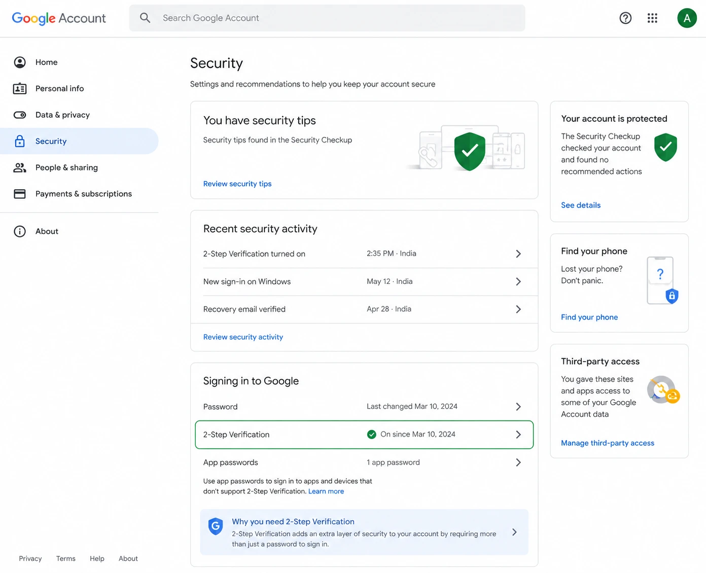 Google Account Security page showing 2 Step Verification turned on with App Passwords option available for Gmail SMTP