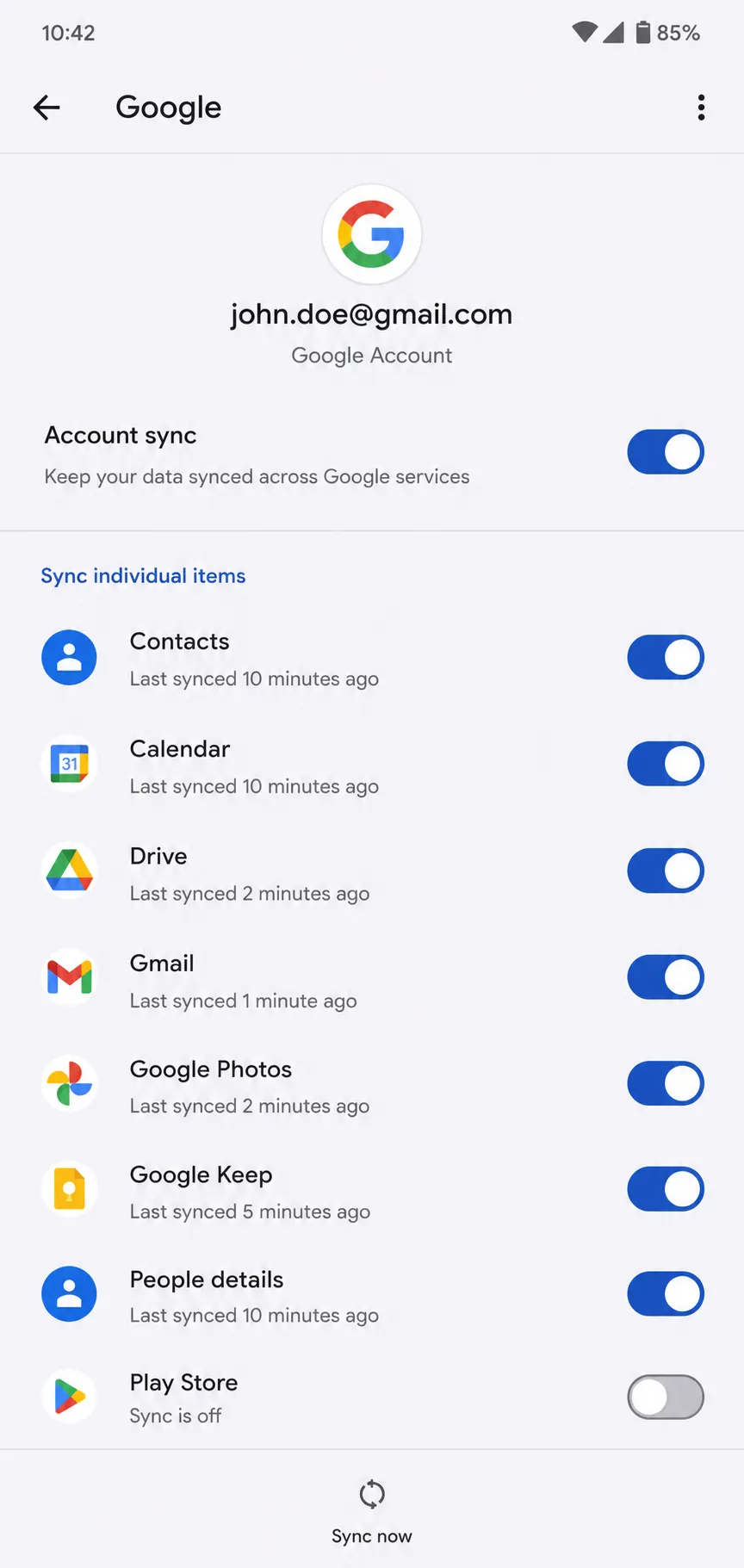 Google account sync settings showing apps and data toggles