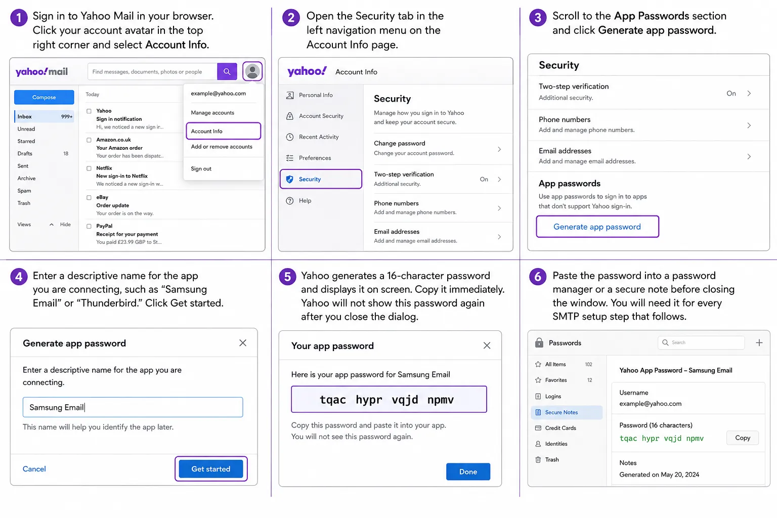 Picture for each steps of How to Configure Your Application with Yahoo Mail's SMTP Address