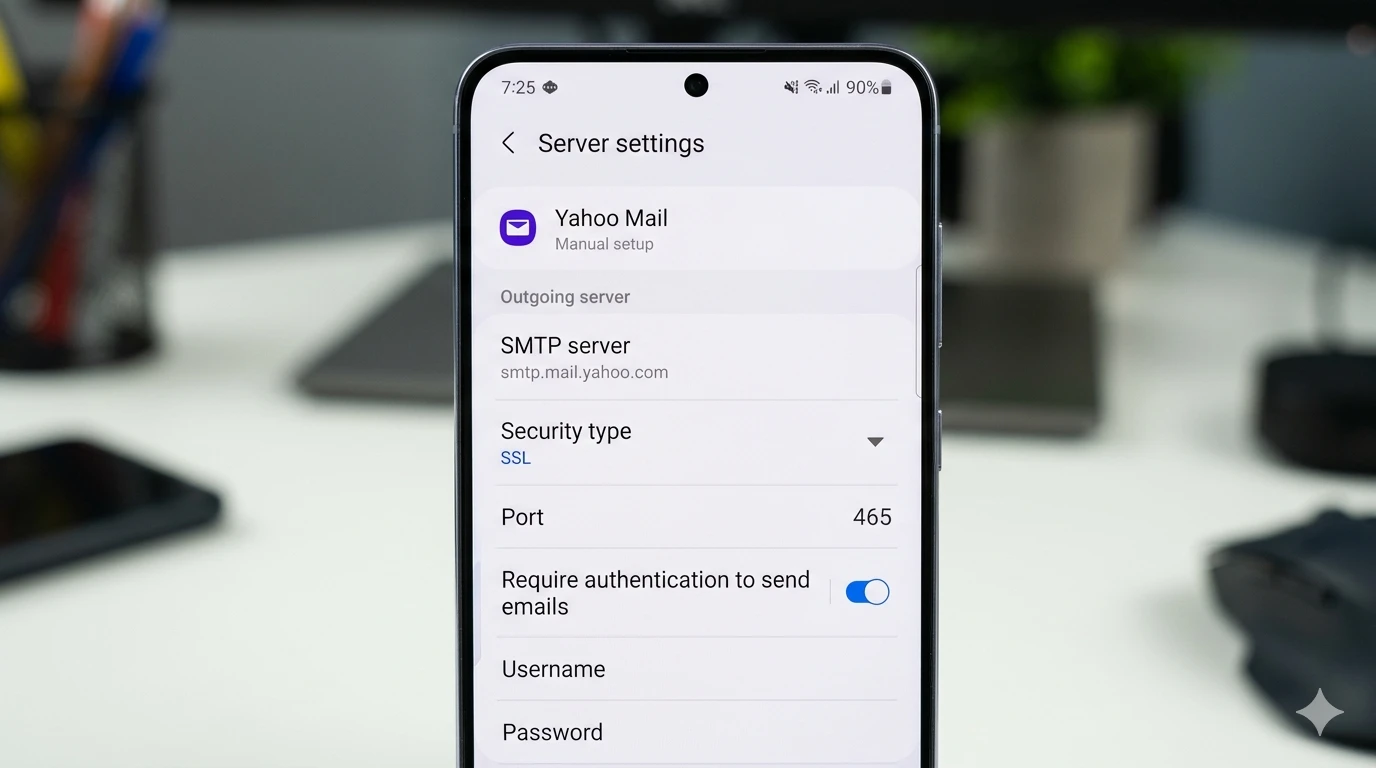Samsung Email app on One UI showing Yahoo Mail SMTP manual setup configuration for Android
