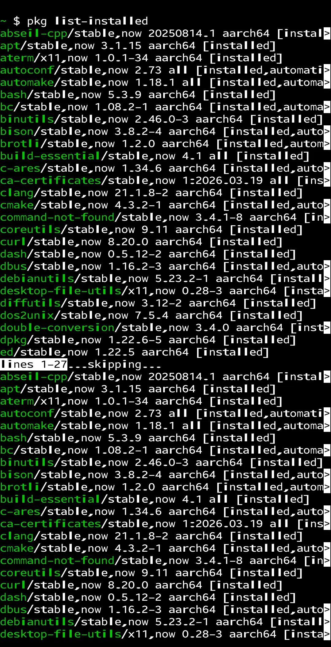 Termux Android terminal emulator showing installed packages list on phone