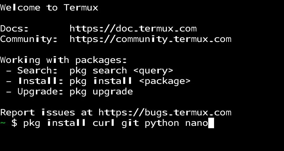 Termux Android terminal showing pkg install command for curl git python nano packages