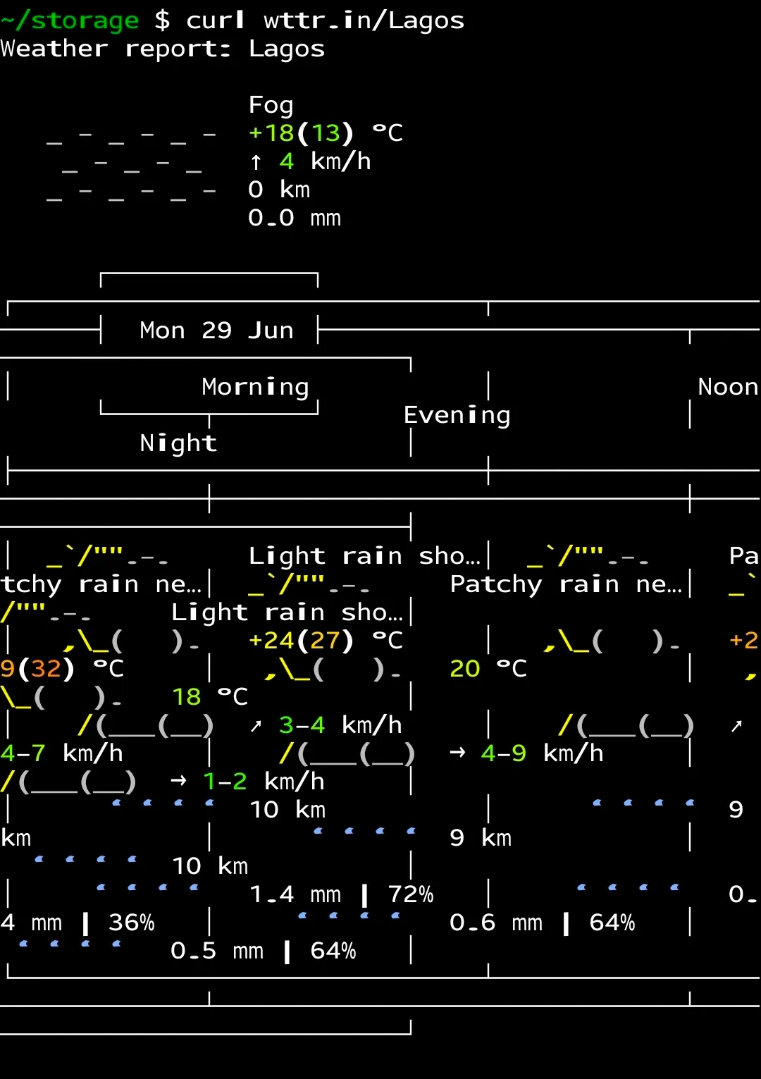 Termux cURL Android command pulling ASCII weather report for city in terminal