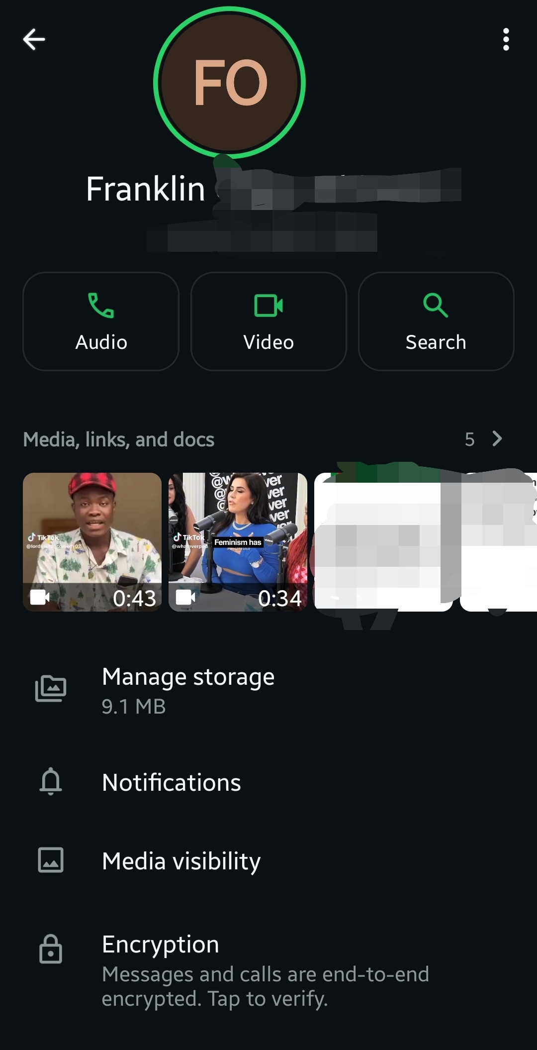 WhatsApp contact info screen showing Encryption option for verification