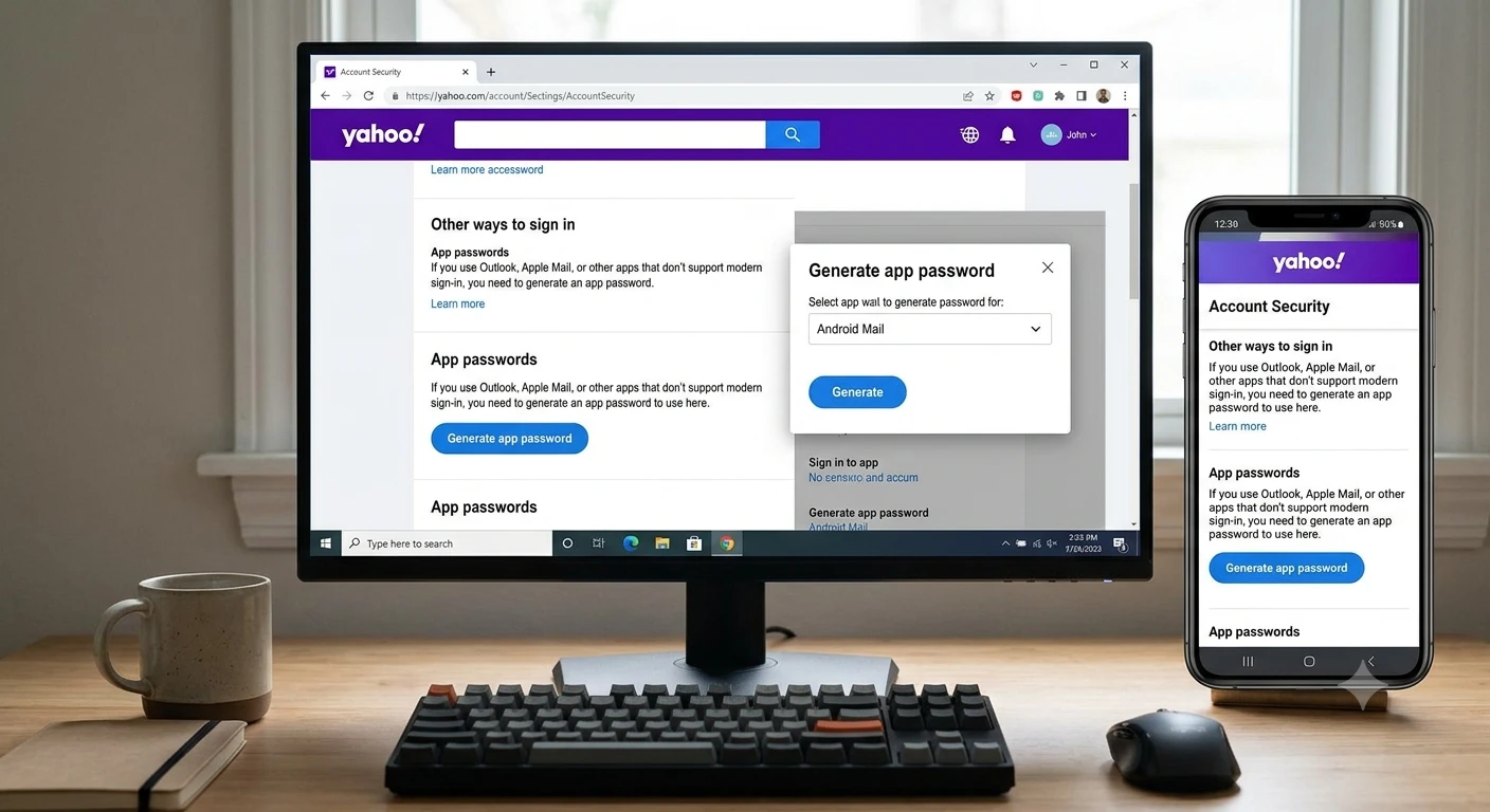 Yahoo Account Security page showing Generate app password button for Yahoo Mail SMTP configuration on Android and desktop