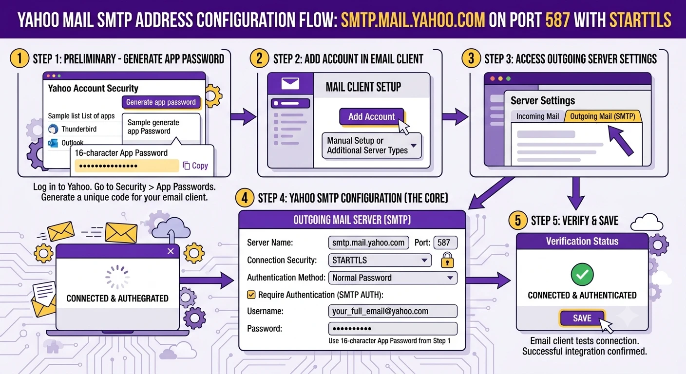 Yahoo Mail SMTP address configuration flow showing smtp.mail.yahoo.com on port 587 with STARTTLS encryption
