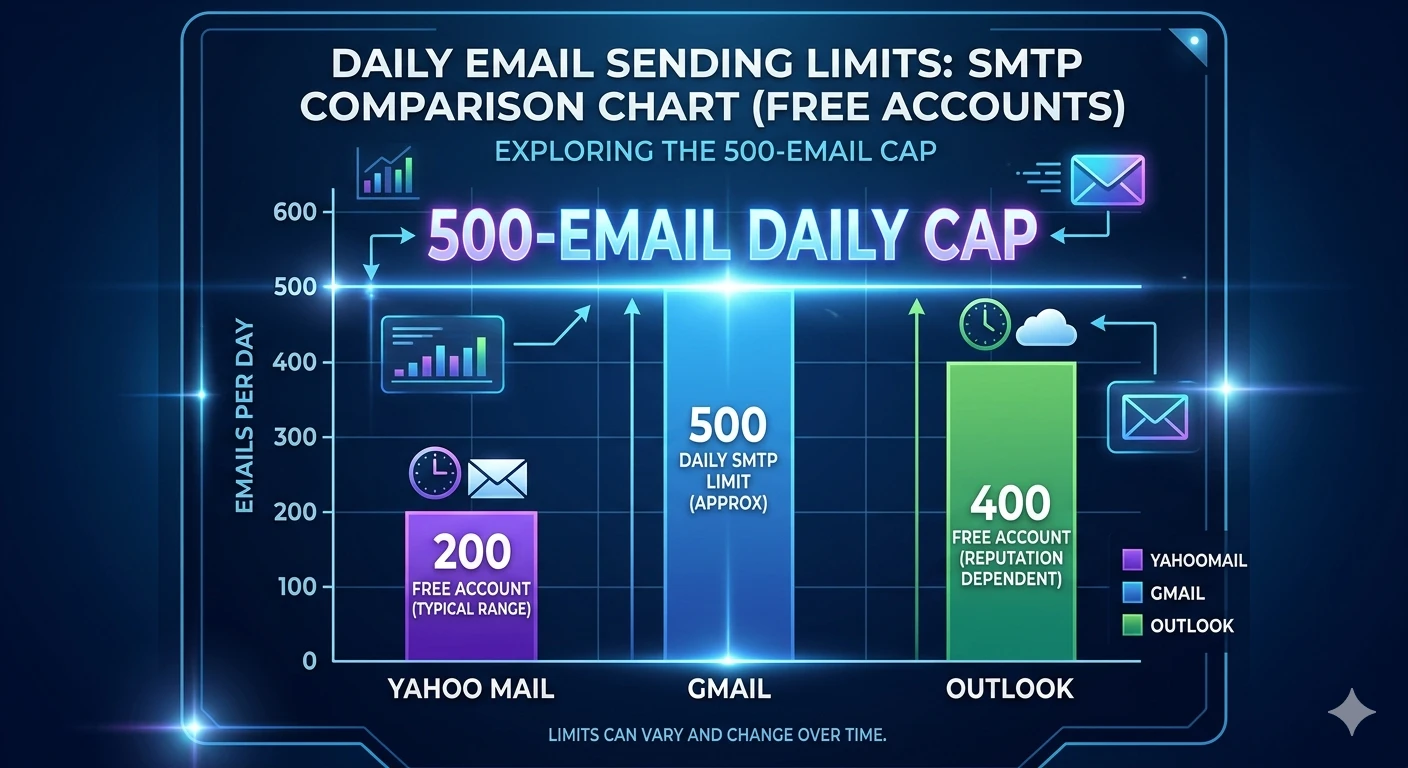 Yahoo Mail SMTP daily sending limit comparison chart versus Gmail and Outlook showing 500 email daily cap