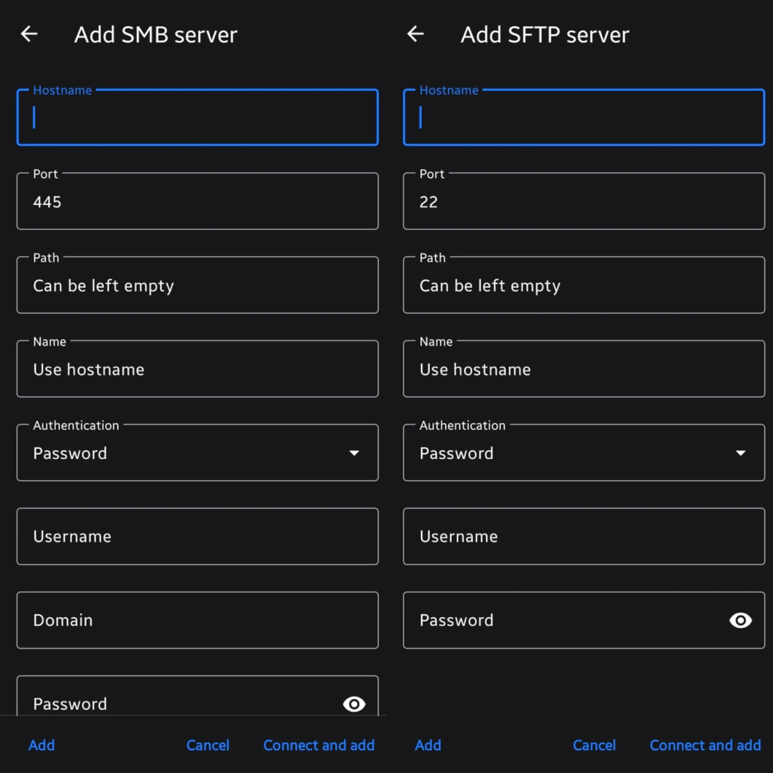 672315 Material Files SMB and SFTP network storage setup screen