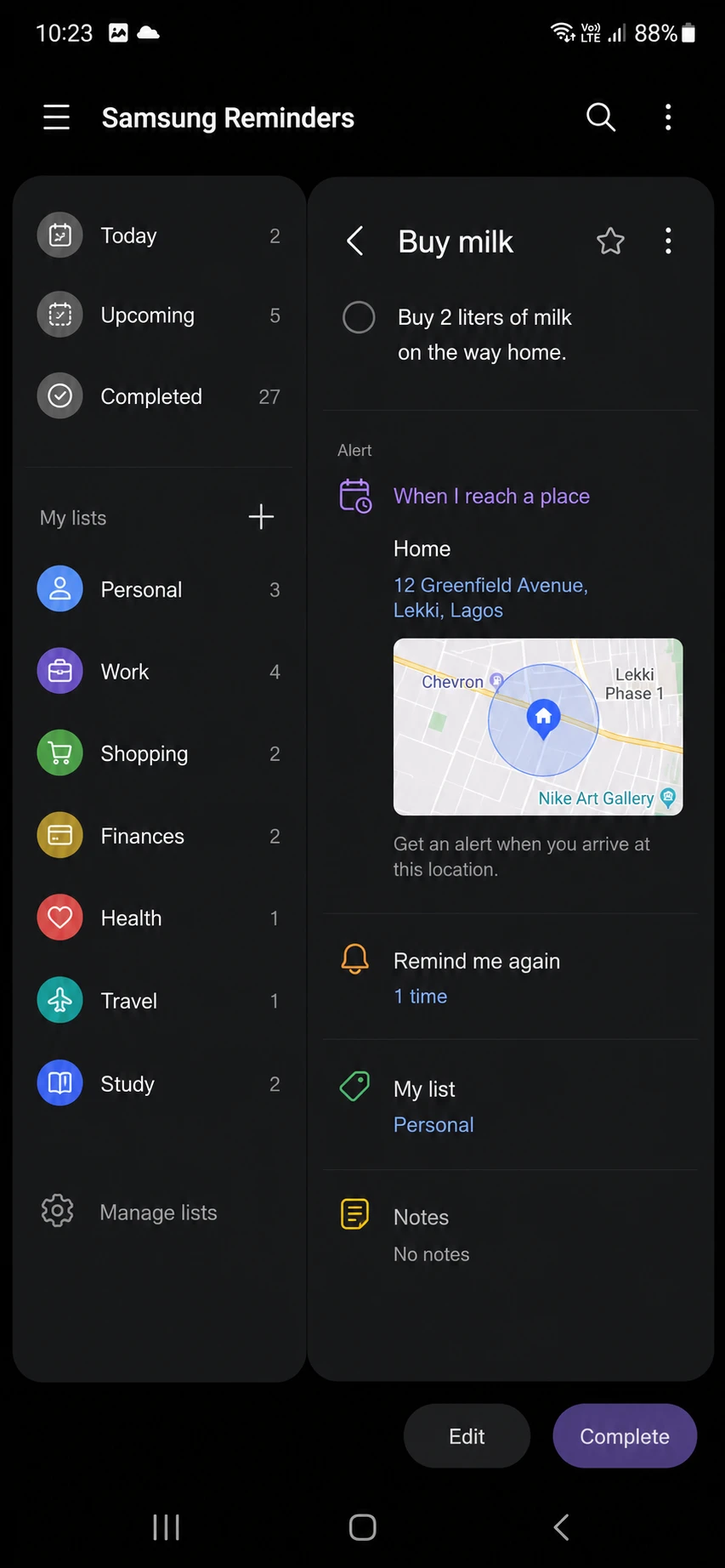 675522 Samsung Reminders app with a location-based task alert on a Galaxy phone