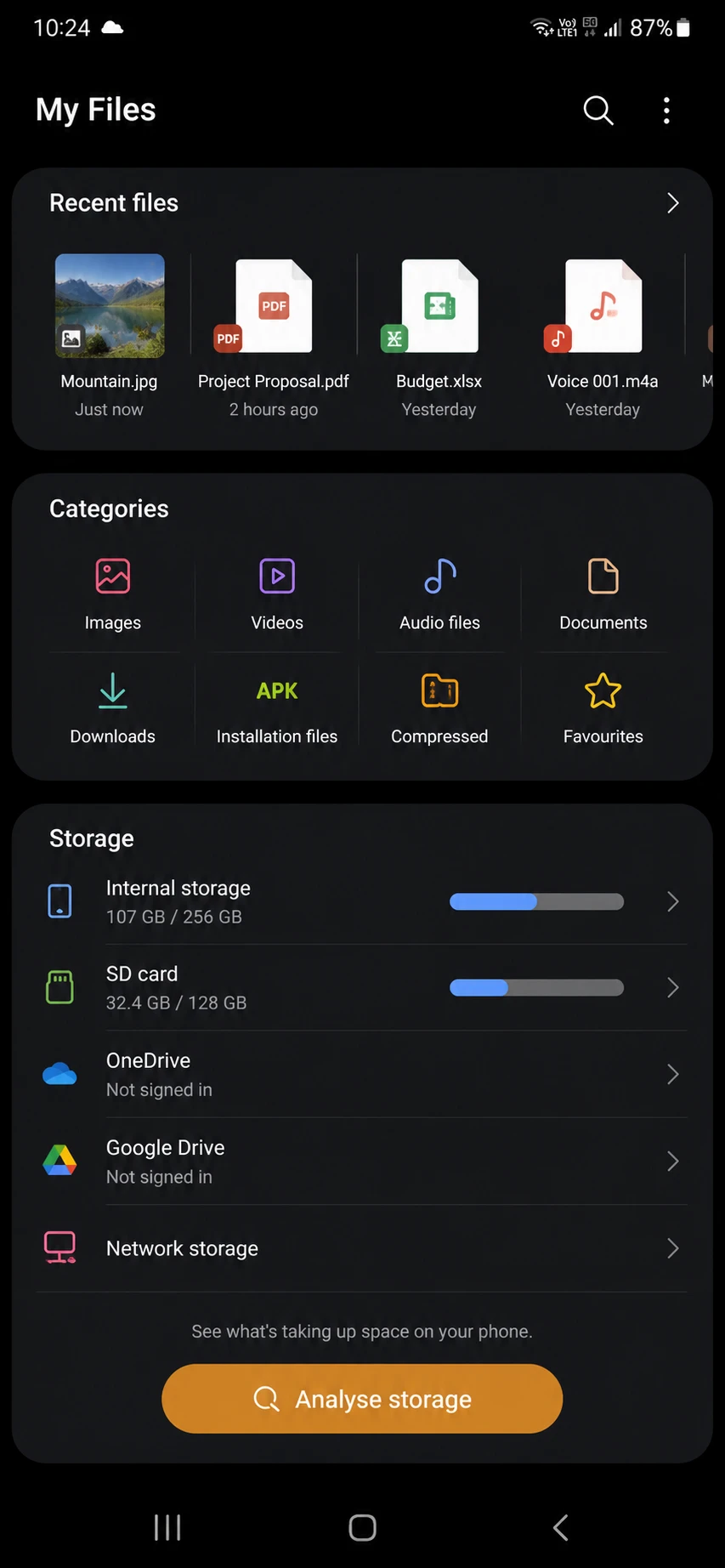 Samsung My Files storage breakdown on a Galaxy phone Samsung My Files storage breakdown on a Galaxy phone