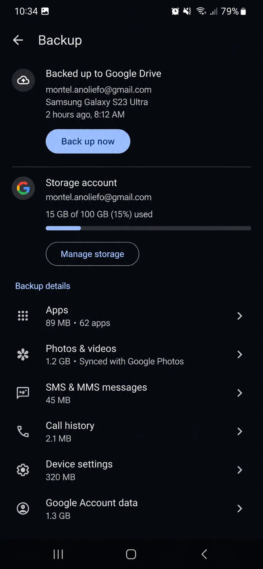 Checking the Google account before backing up text messages