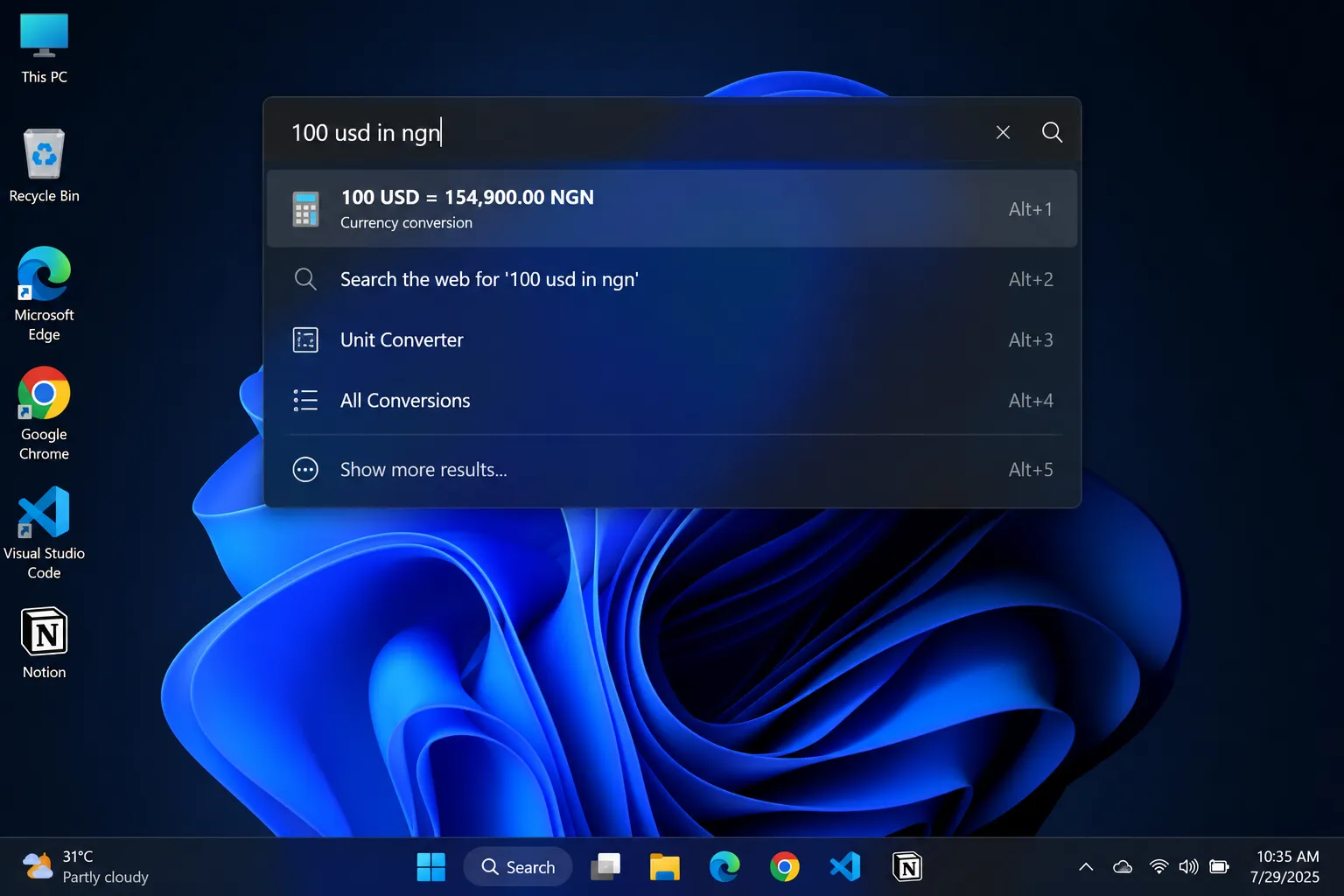 Flow Launcher search bar performing a unit conversion over a desktop Flow Launcher running an inline conversion on Windows 11