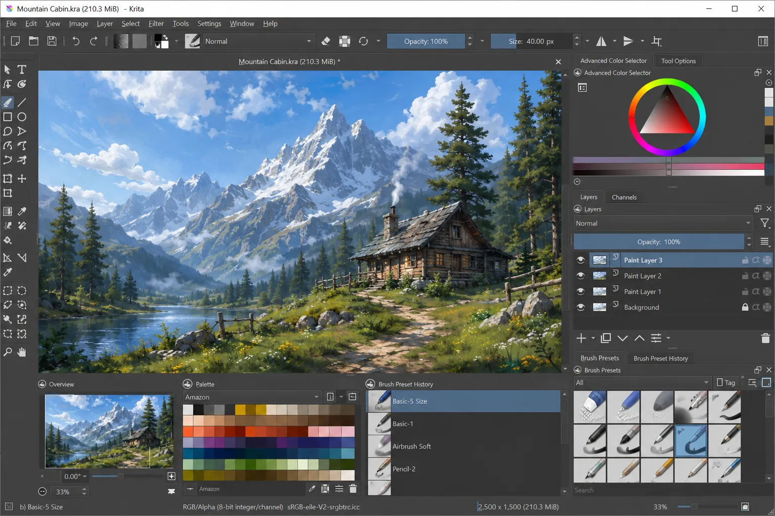 Krita digital painting software interface with brush dockers open Krita digital painting software interface with brush dockers open