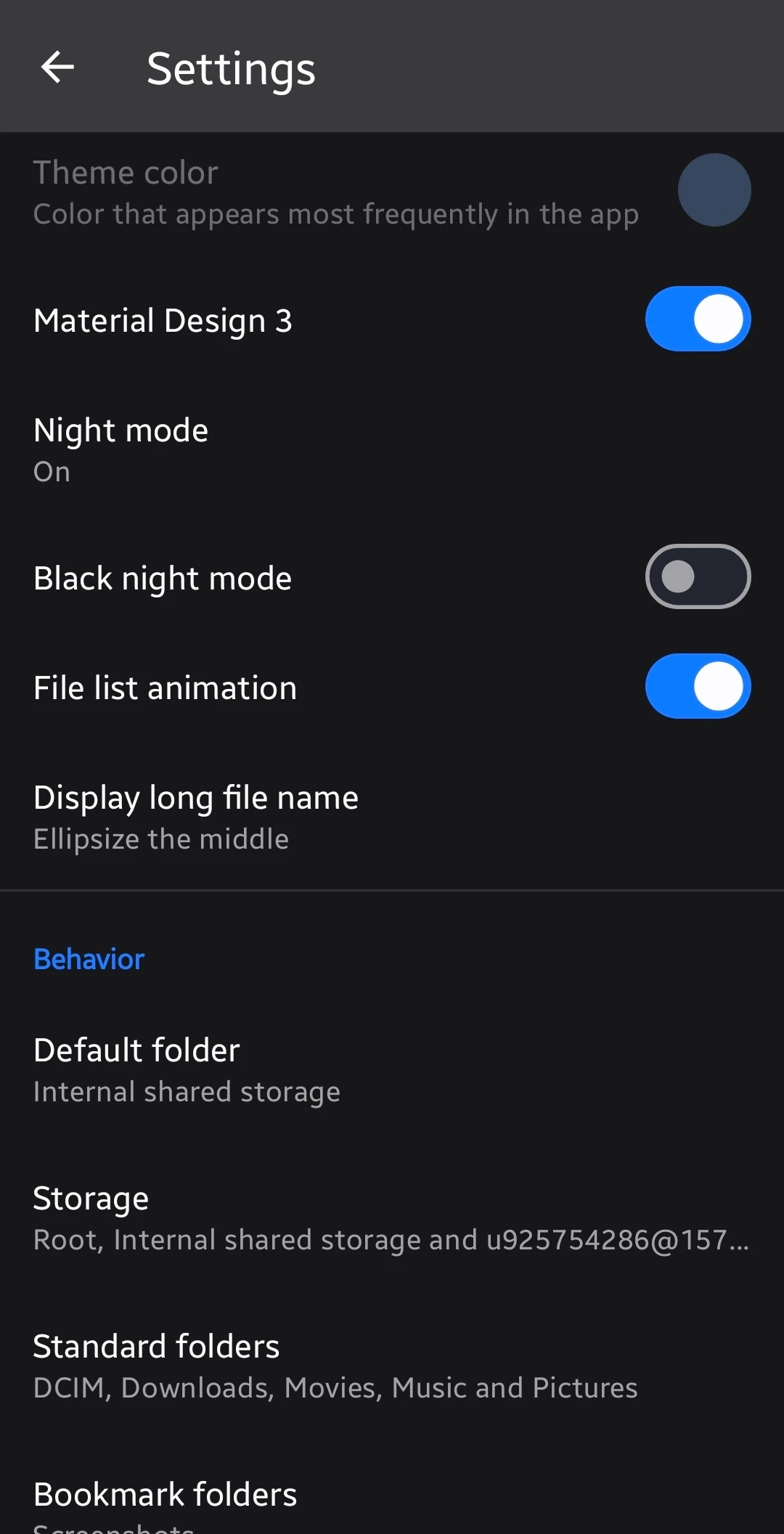 Material Files settings with Android theme and folder layout options Material Files settings with Android theme and folder layout options