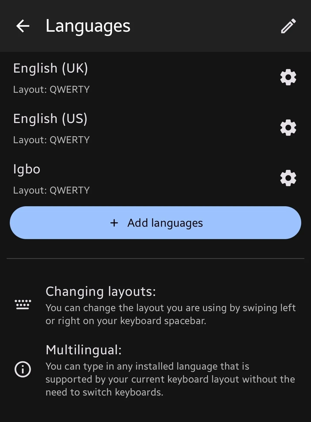 Microsoft SwiftKey language settings with five Android keyboard languages Microsoft SwiftKey language settings with five Android keyboard languages