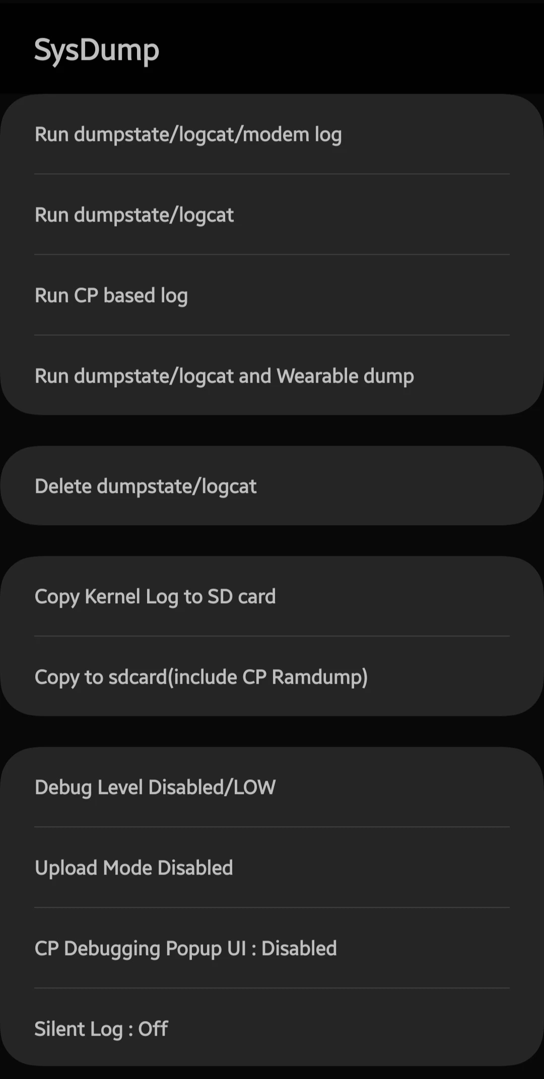 Samsung dial code to free up space opening the SysDump menu