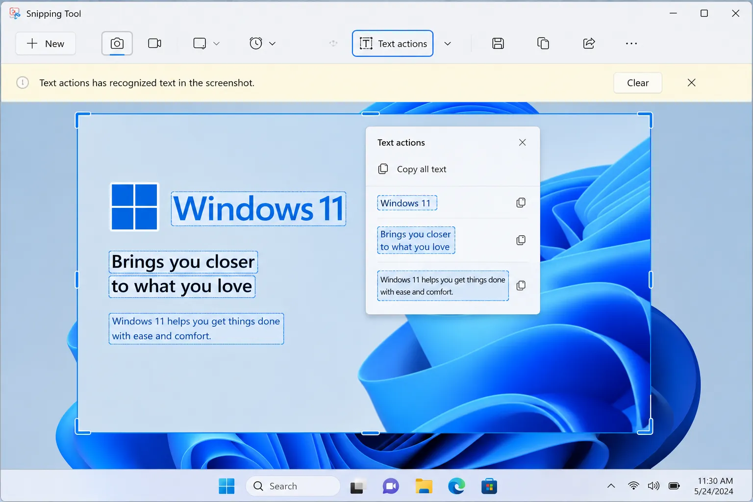Text Actions OCR feature among Windows 11 screenshot features for extracting text