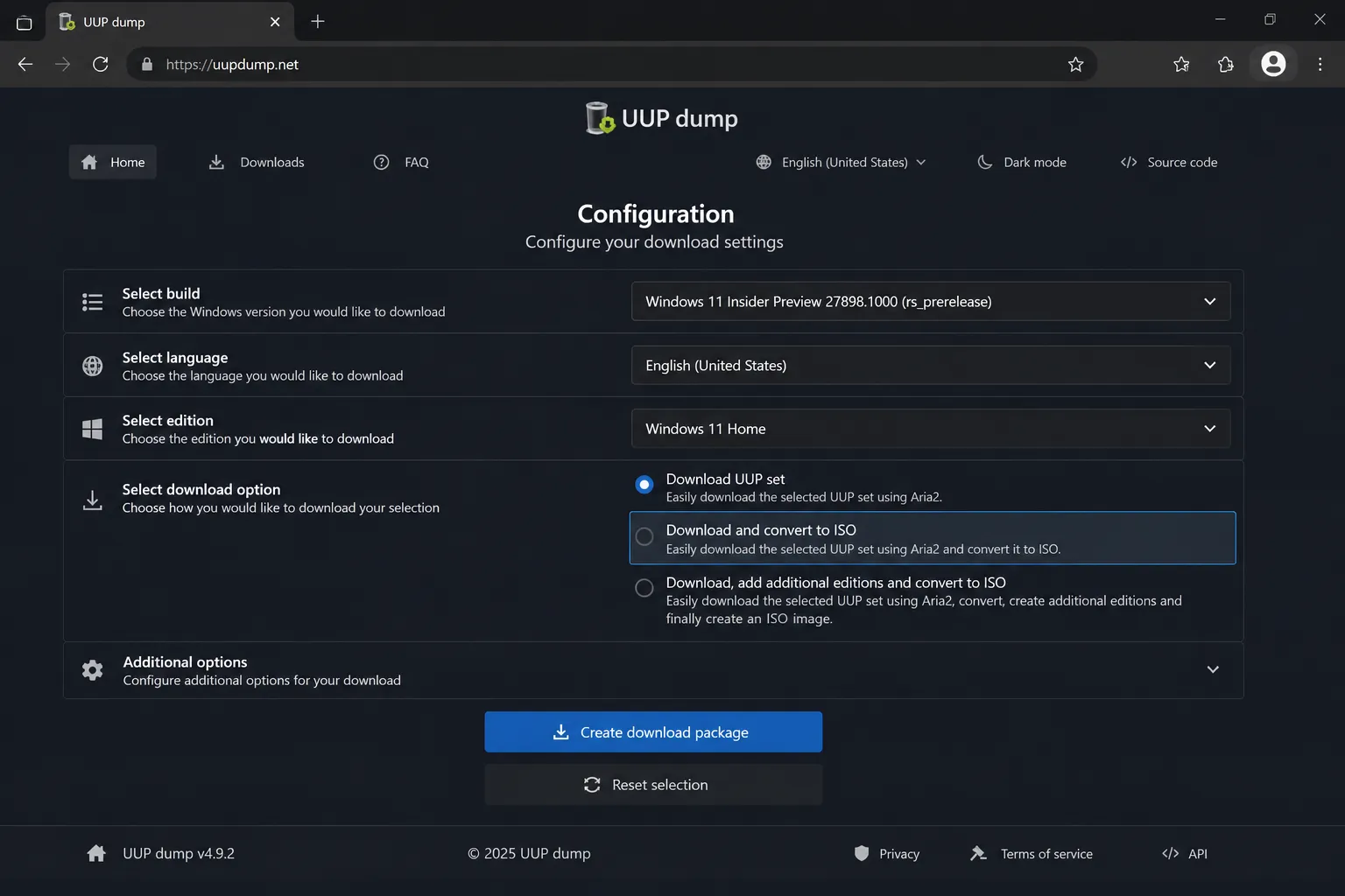 UUP Dump settings for creating a Windows 11 26H2 preview ISO