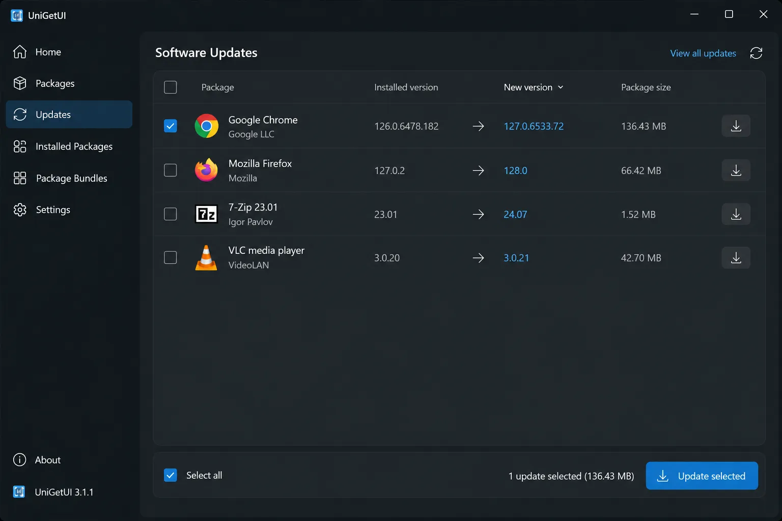 UniGetUI Software Updates page showing an available app update UniGetUI Software Updates page showing an available app update