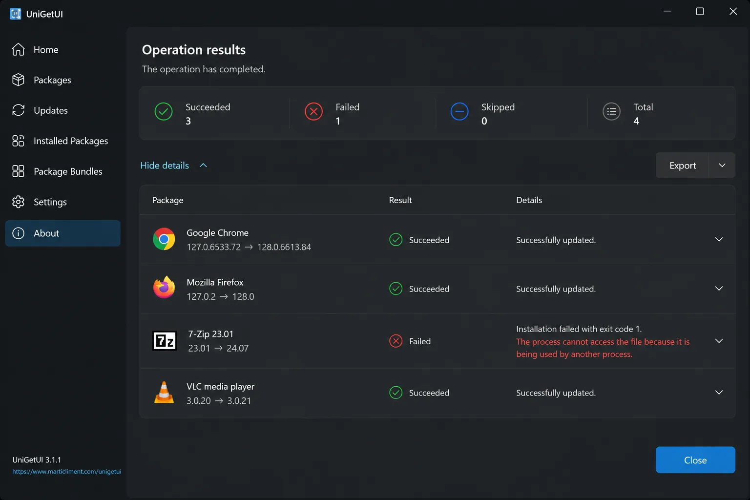 UniGetUI bulk update results for Windows apps UniGetUI bulk update results for Windows apps