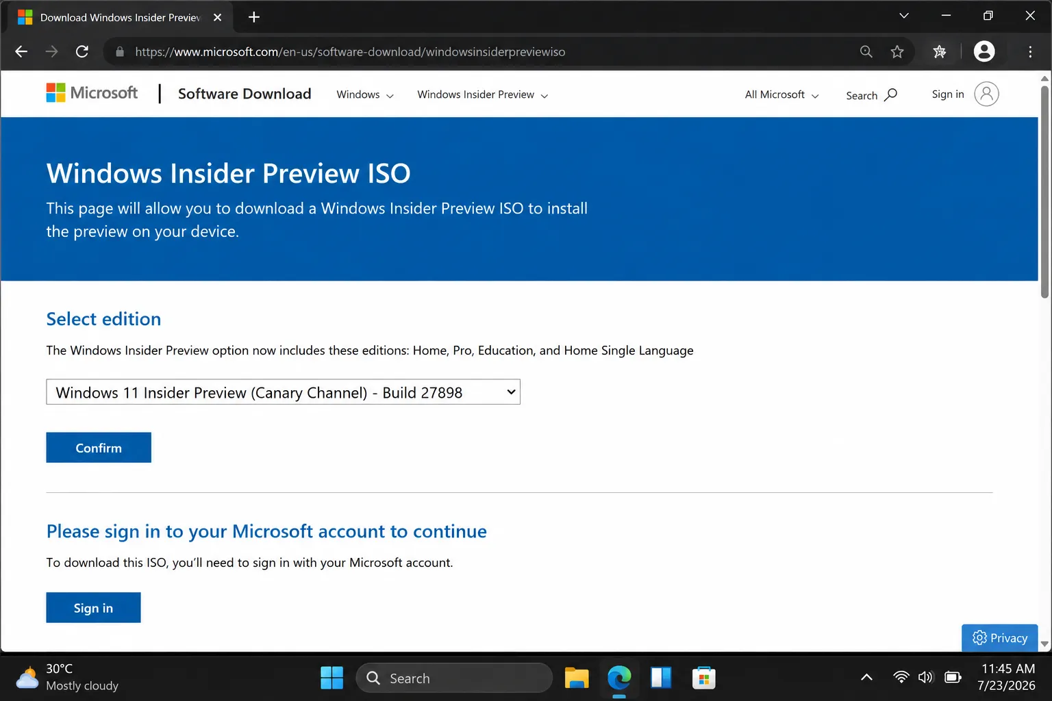 Windows 11 26H2 ISO download page on Microsoft
