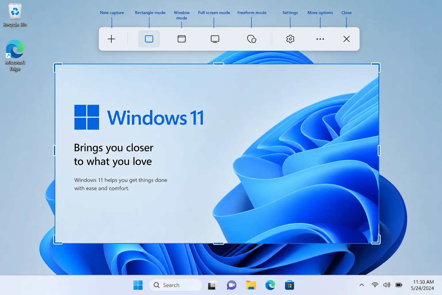 Windows 11 screenshot features shown through the Snipping Tool capture bar