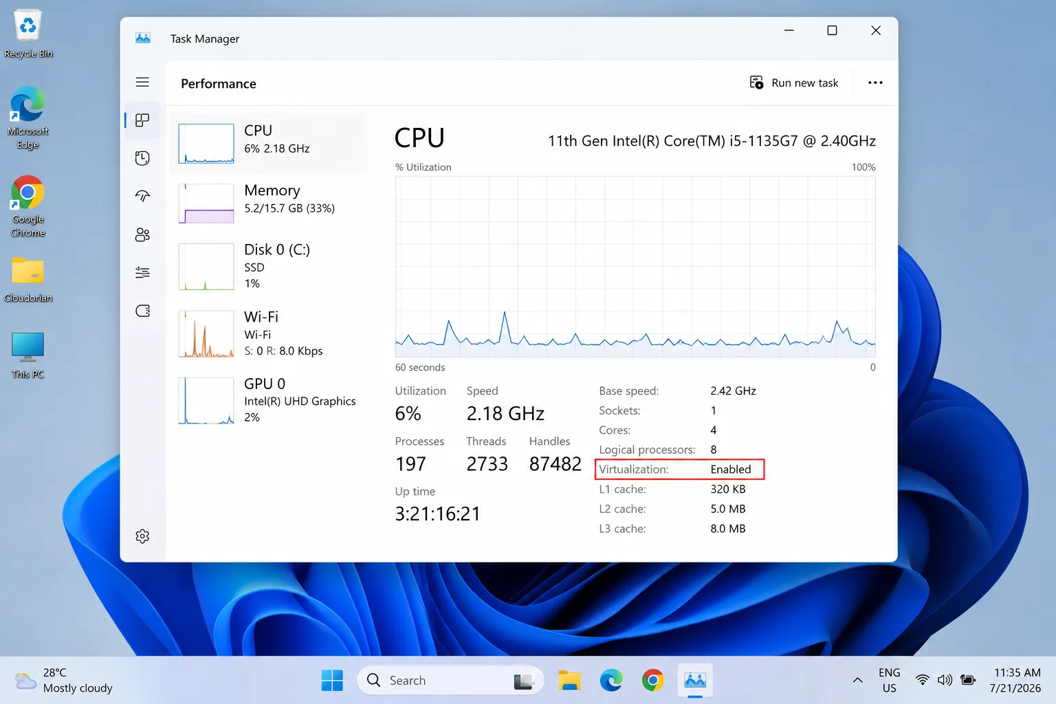 Windows 11 virtualization enabled in Task Manager Windows 11 virtualization enabled in Task Manager