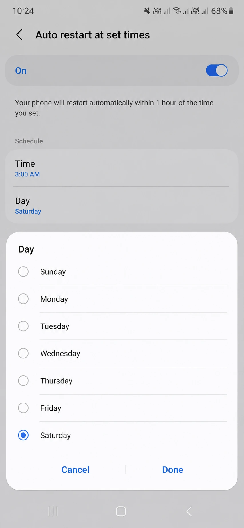 auto restart schedule picker with a weekly day selected Samsung Galaxy Auto Restart schedule set for Monday morning