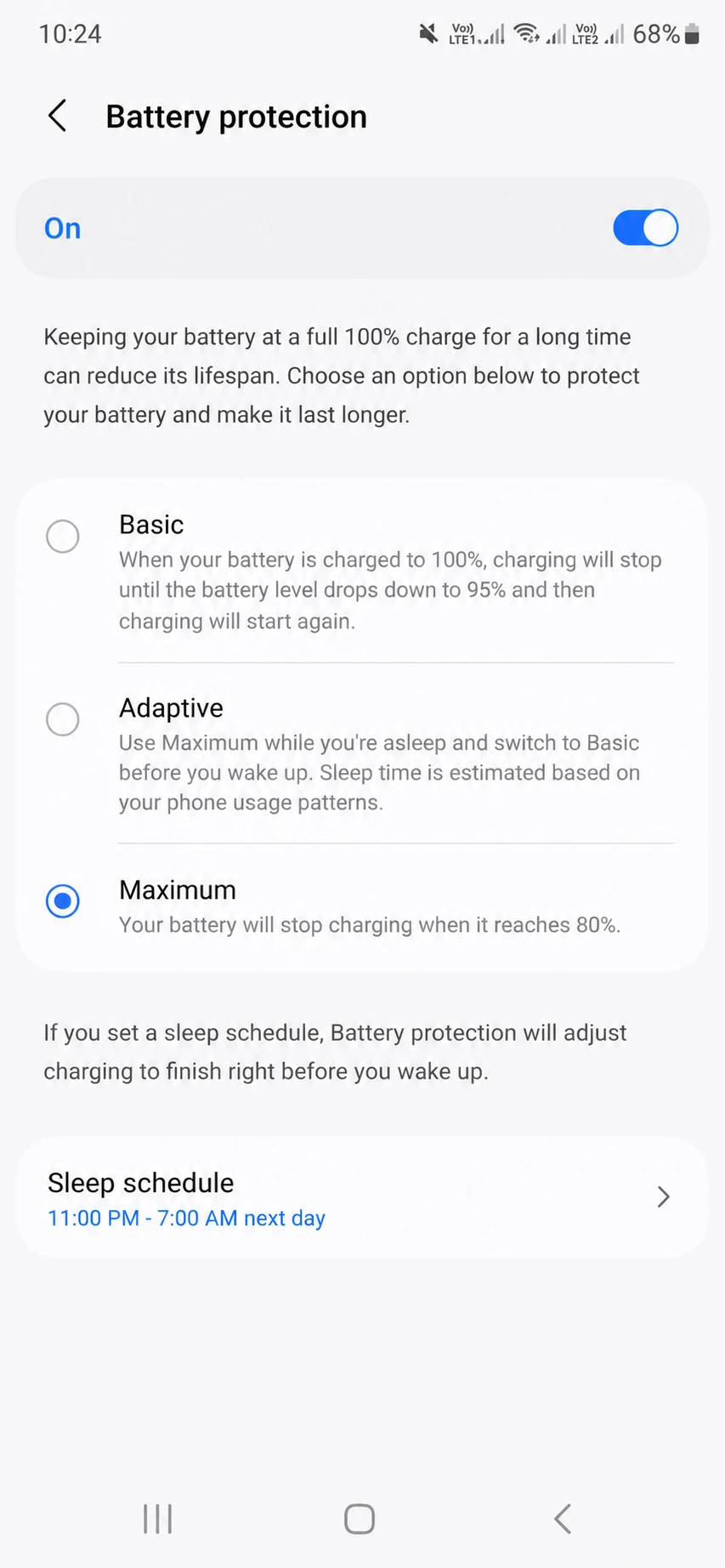 battery protection toggle enabled in settings Battery protection paired with a scheduled Galaxy restart