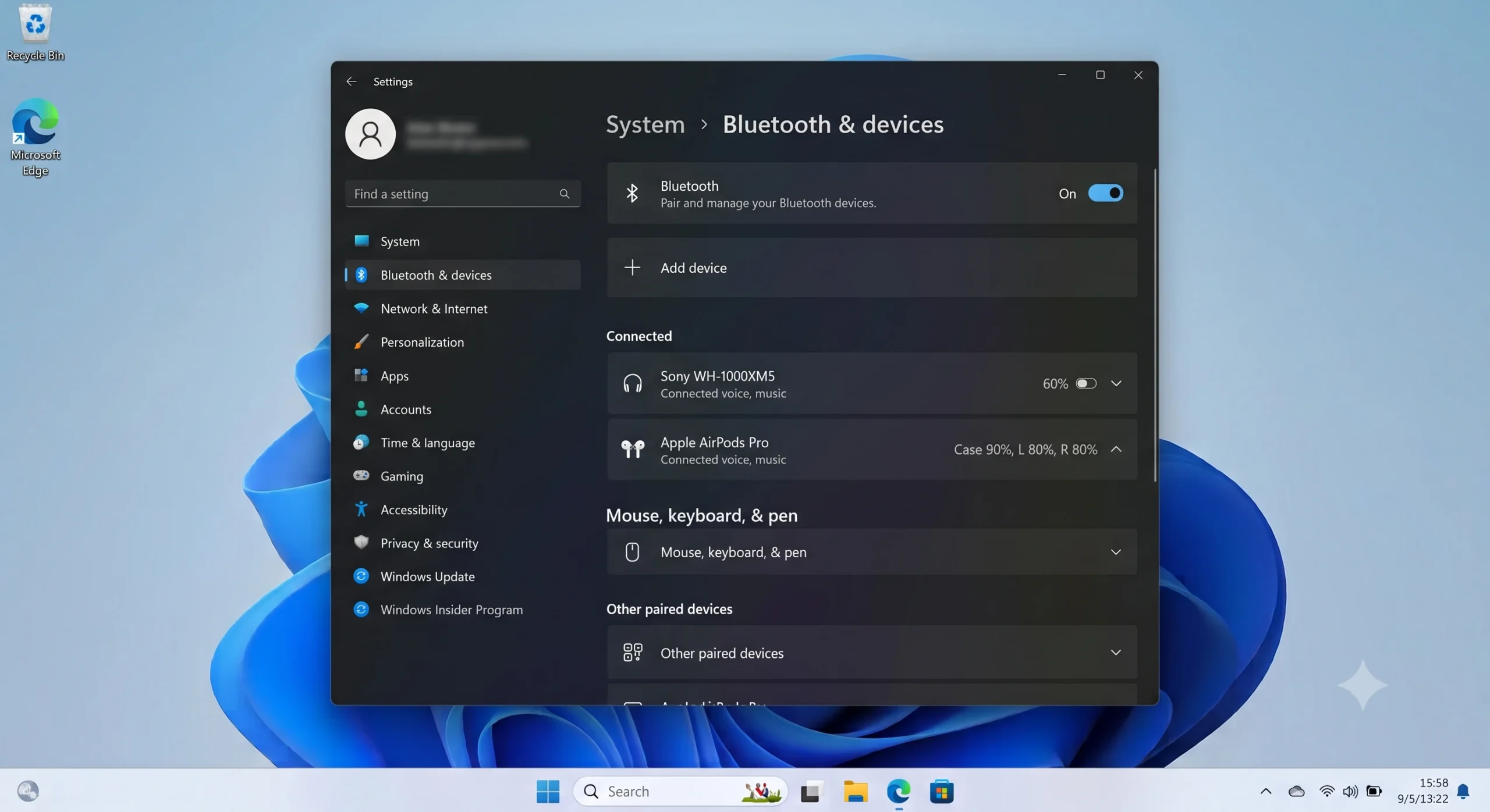 Windows 11 Bluetooth settings showing Shared Audio with two devices