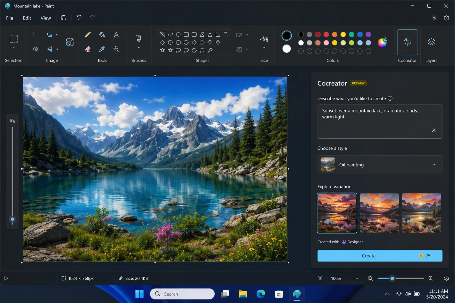 Cocreator AI image generation panel inside Windows 11 Paint