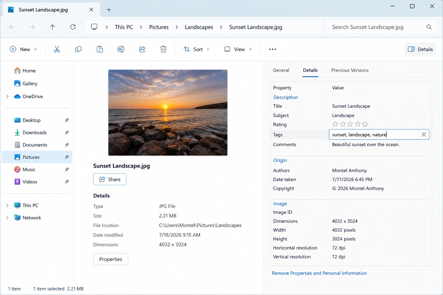 details tab showing the editable tags row for a jpeg file Adding Windows 11 file tags through Properties and Details