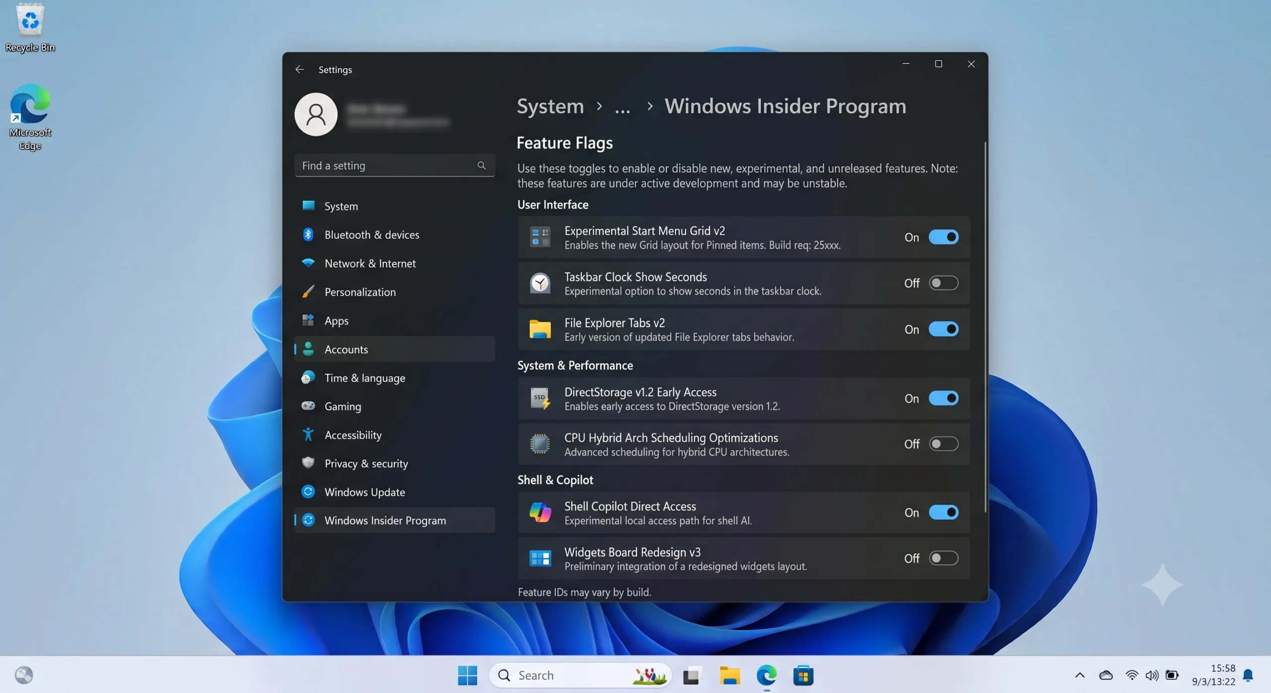 Feature Flags settings page for Windows Insider Program testers