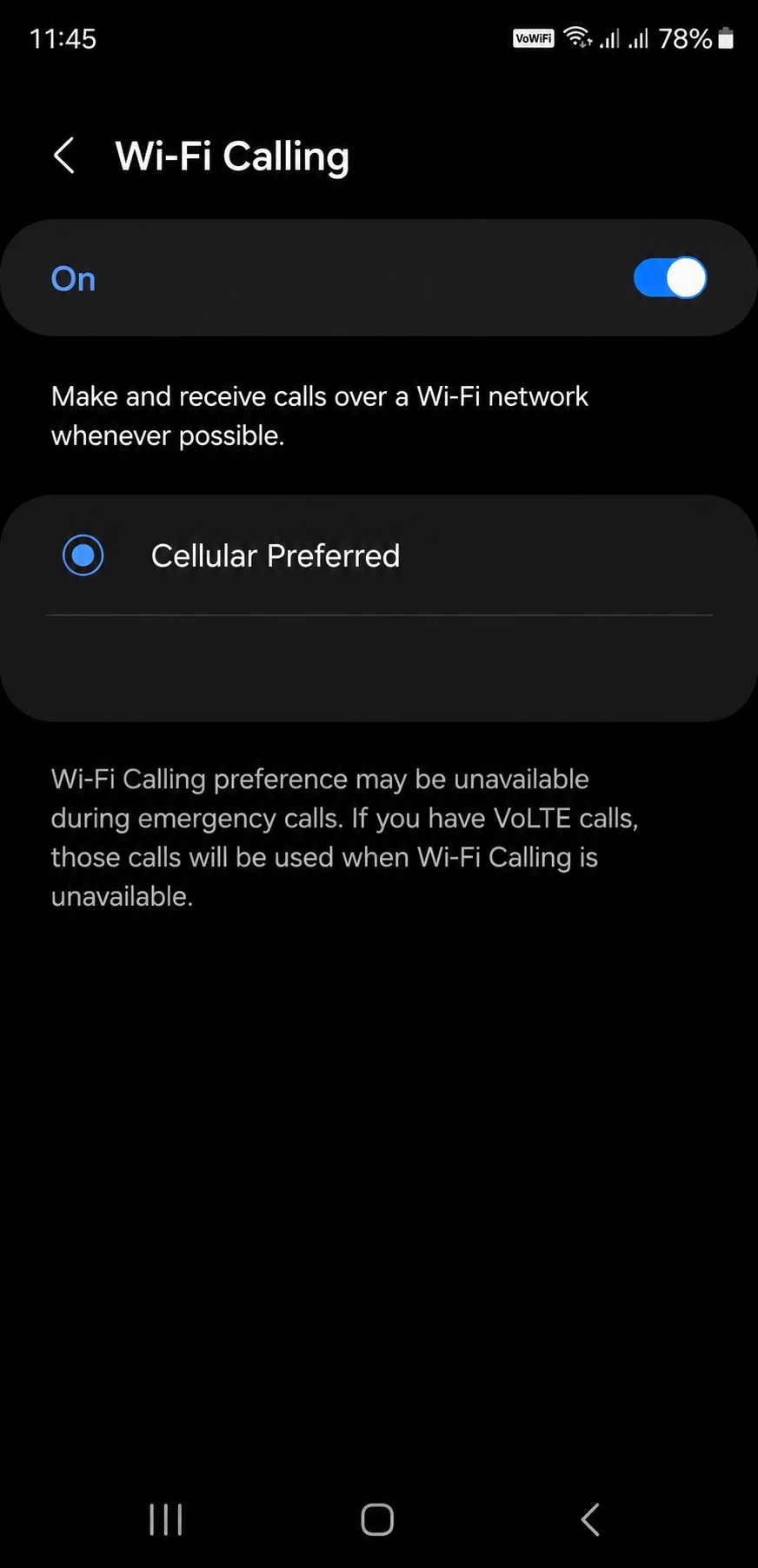 galaxy wifi calling screen showing only cellular preferred available WiFi Preferred in WiFi Calling missing on a Samsung Galaxy settings screen