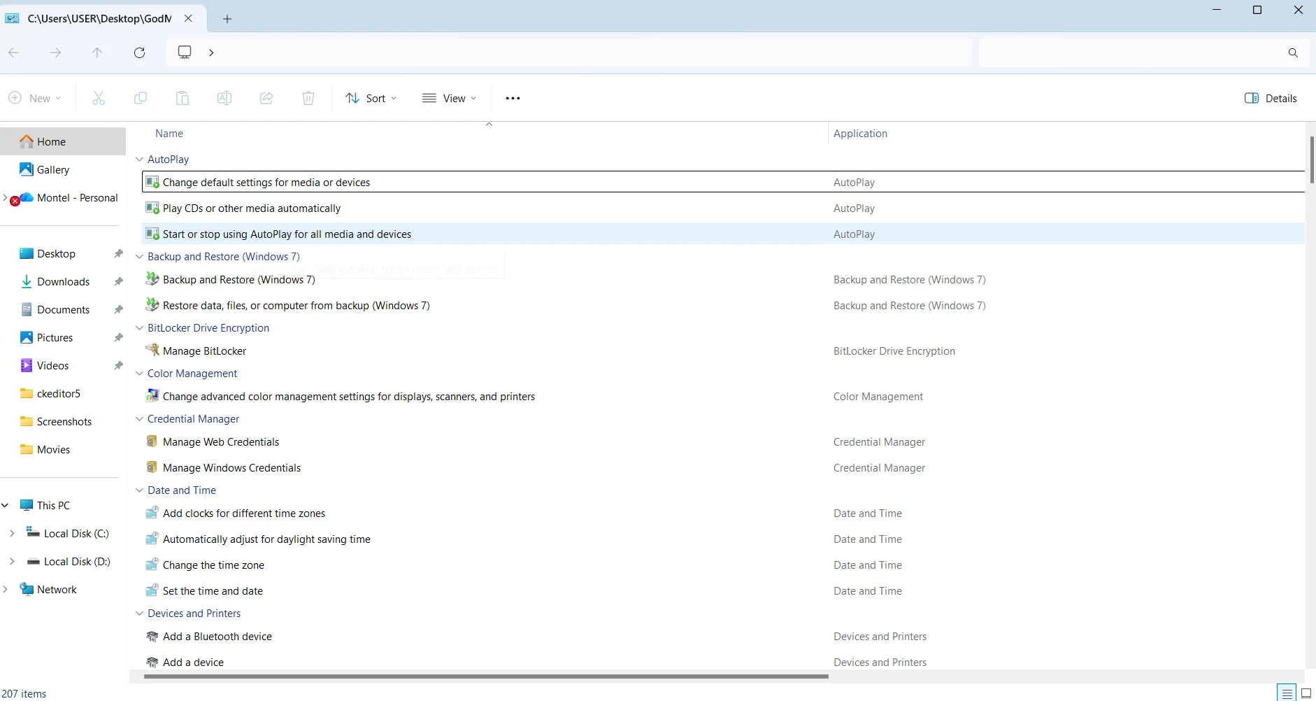 God Mode folder listing Windows 11 Control Panel categories