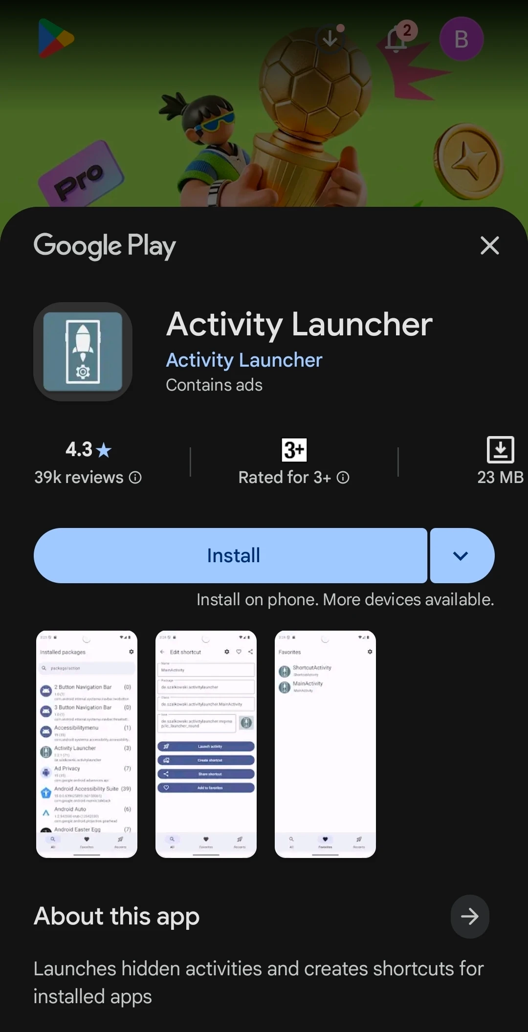 google play listing for activity launcher Activity Launcher app install screen used to enable WiFi Preferred calling