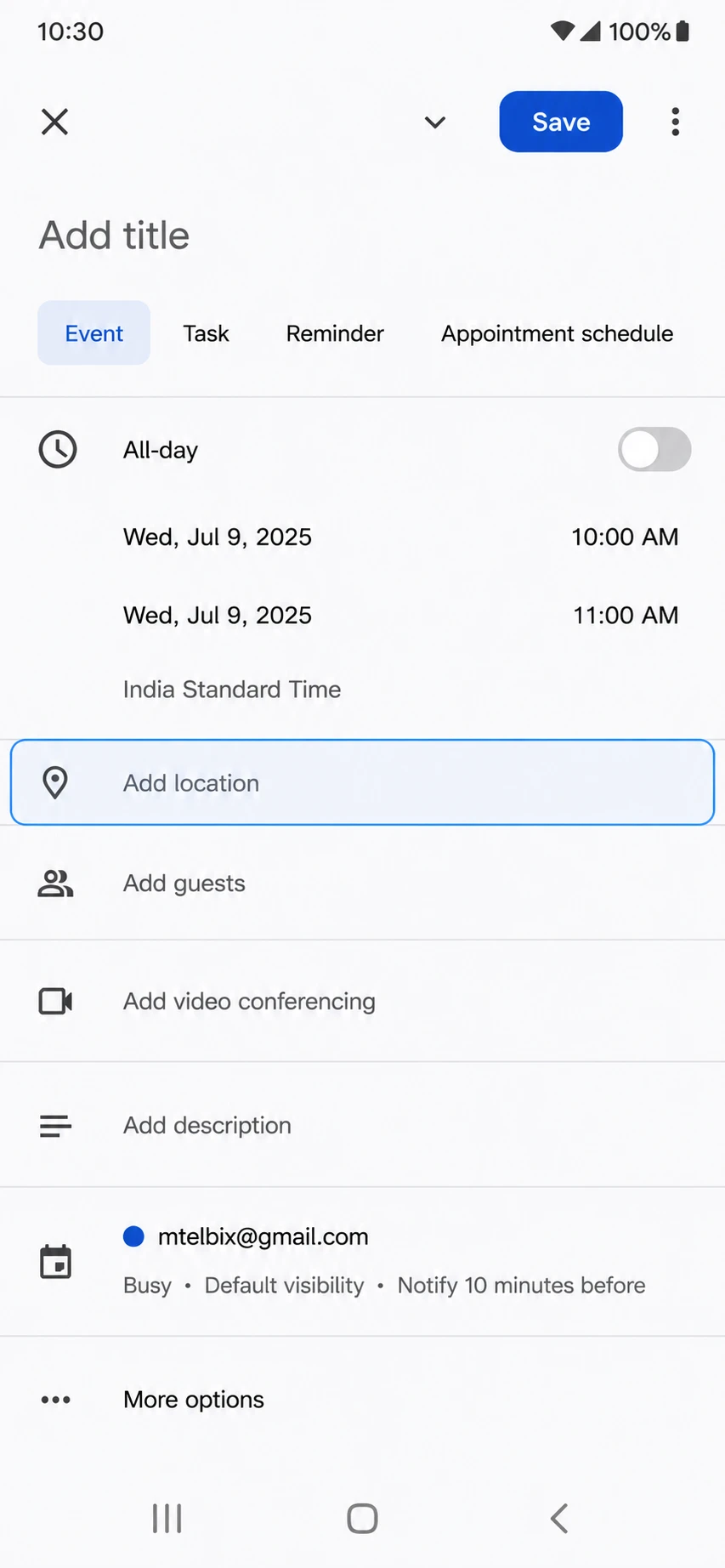 how to add location to google calendar event on android