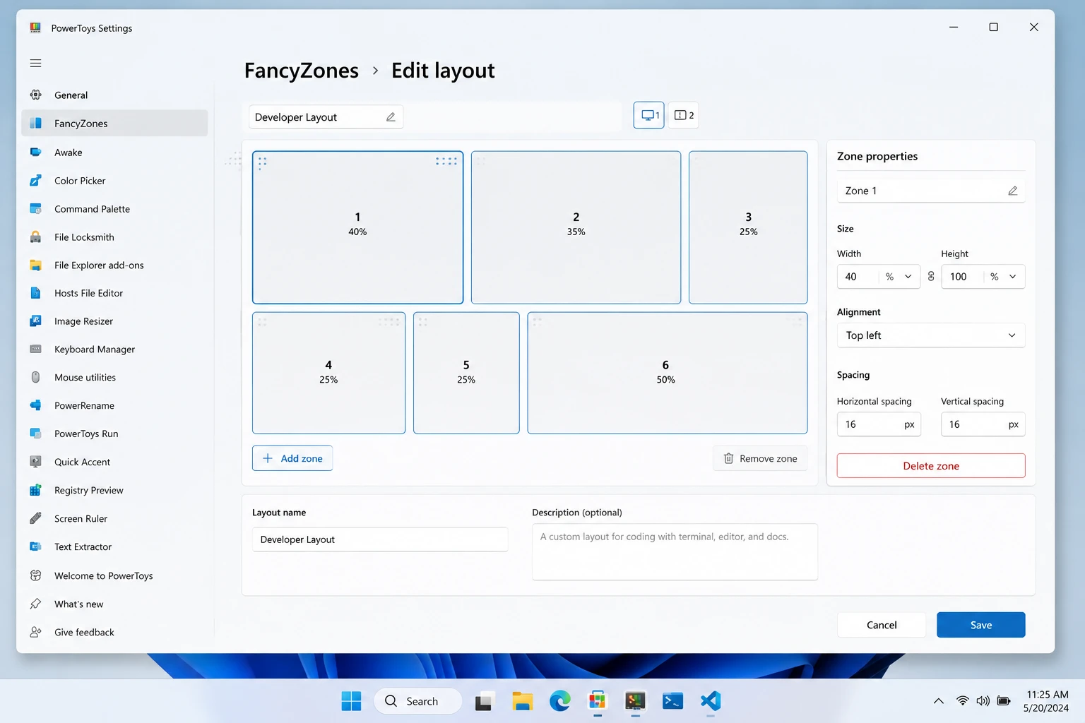 PowerToys FancyZones custom layout editor on Windows 11